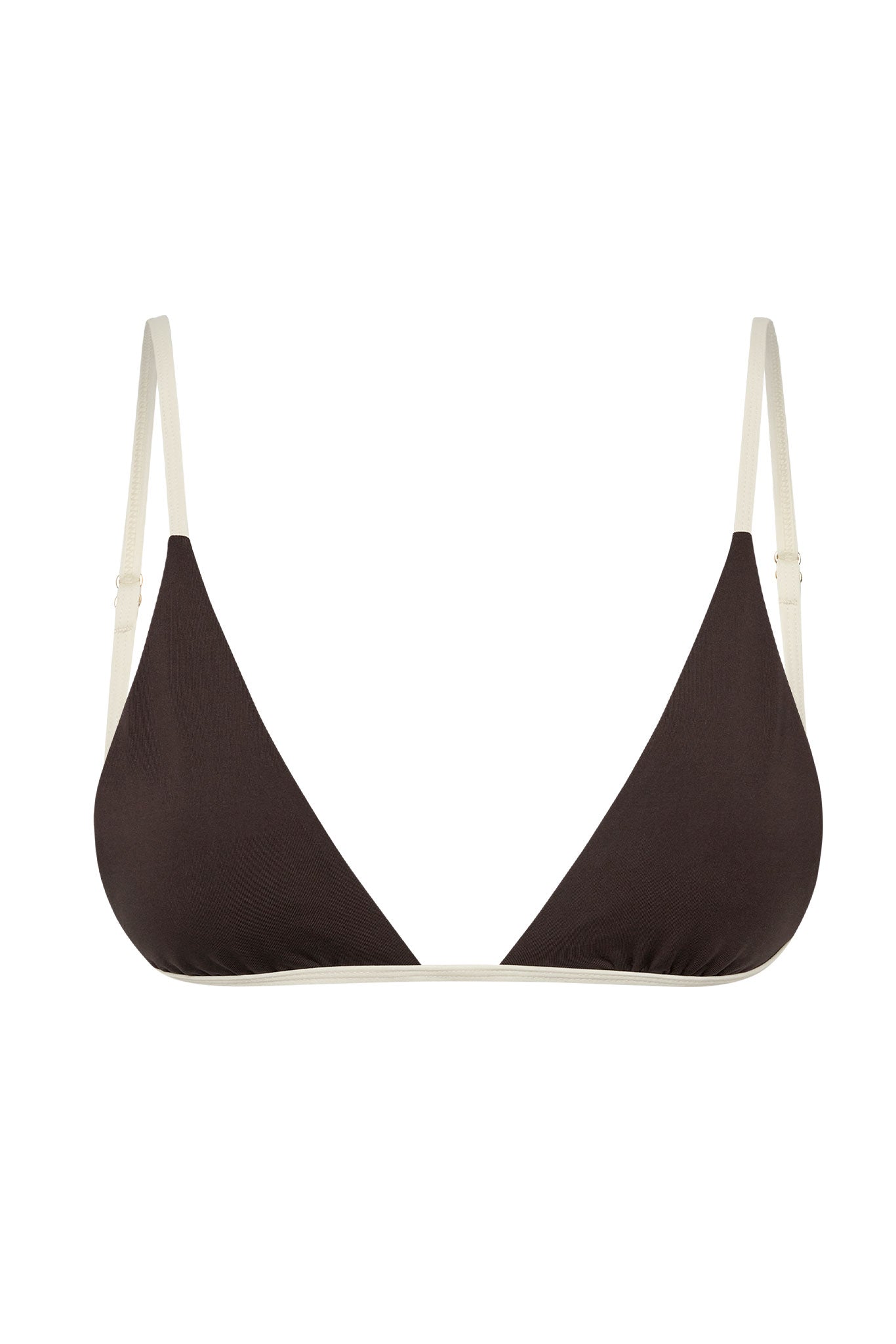 Brown triangle bikini top with cream adjustable shoulder straps and cream underbust trim.