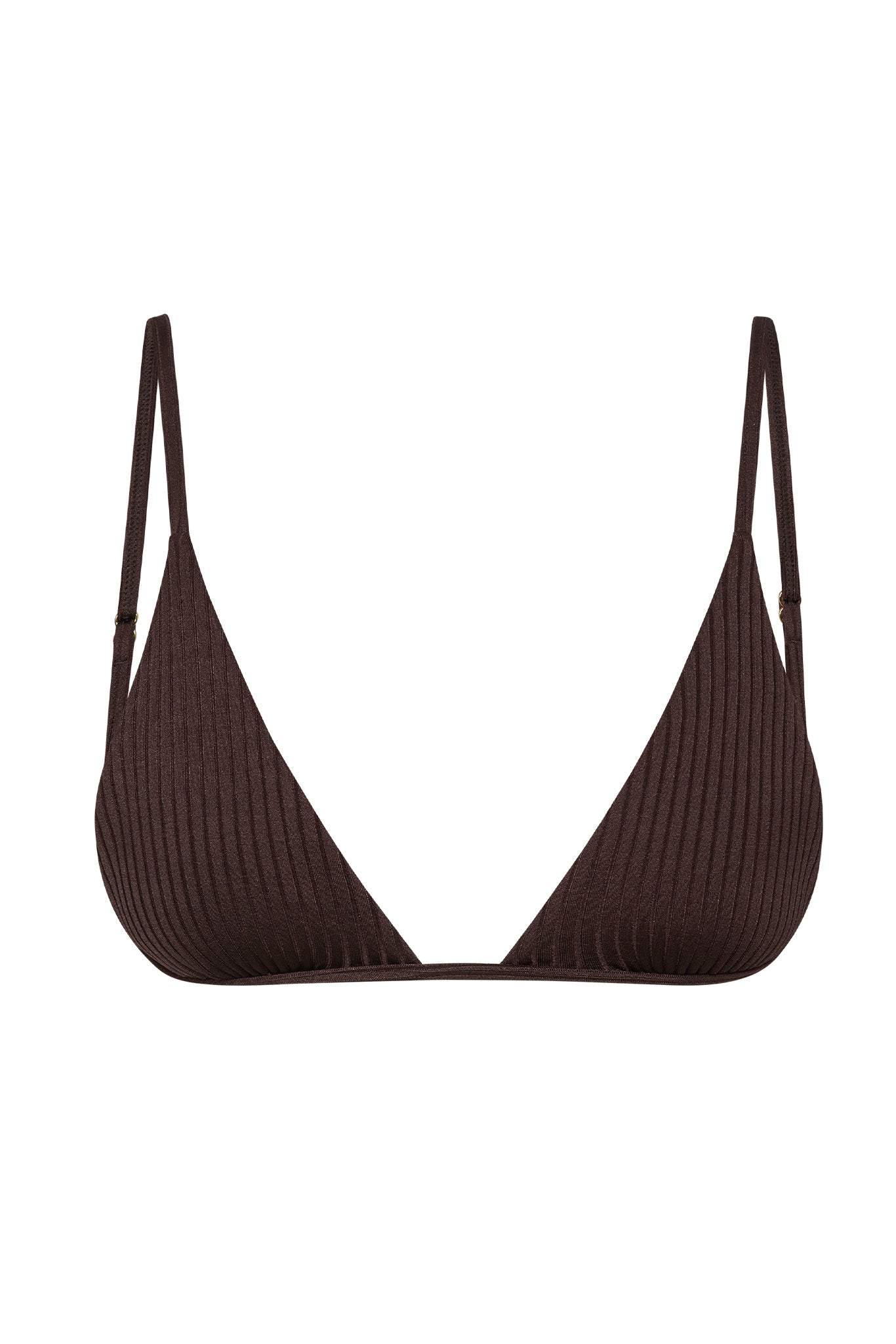 Brown ribbed triangle bikini top with thin adjustable straps on white background.