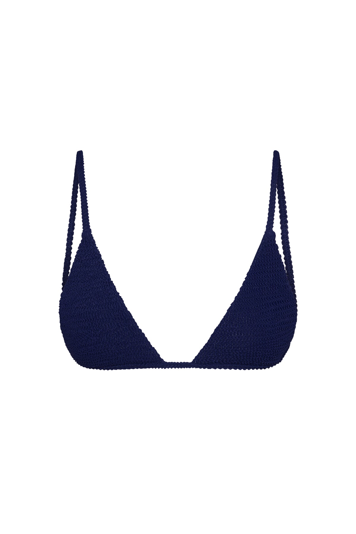 Front view of Barbados Top - Midnight Crinkle showcasing navy textured triangle cups and thin over-the-shoulder straps on a white background