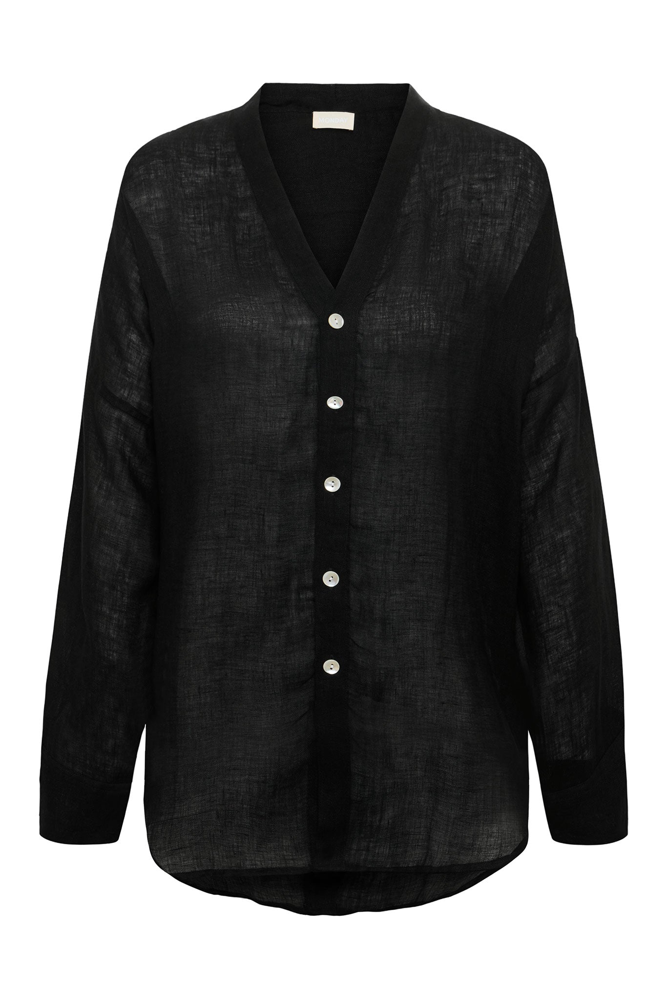 Sheer black linen V-neck button-front long-sleeve shirt with light round buttons and rounded hem; label reads MONDAY.