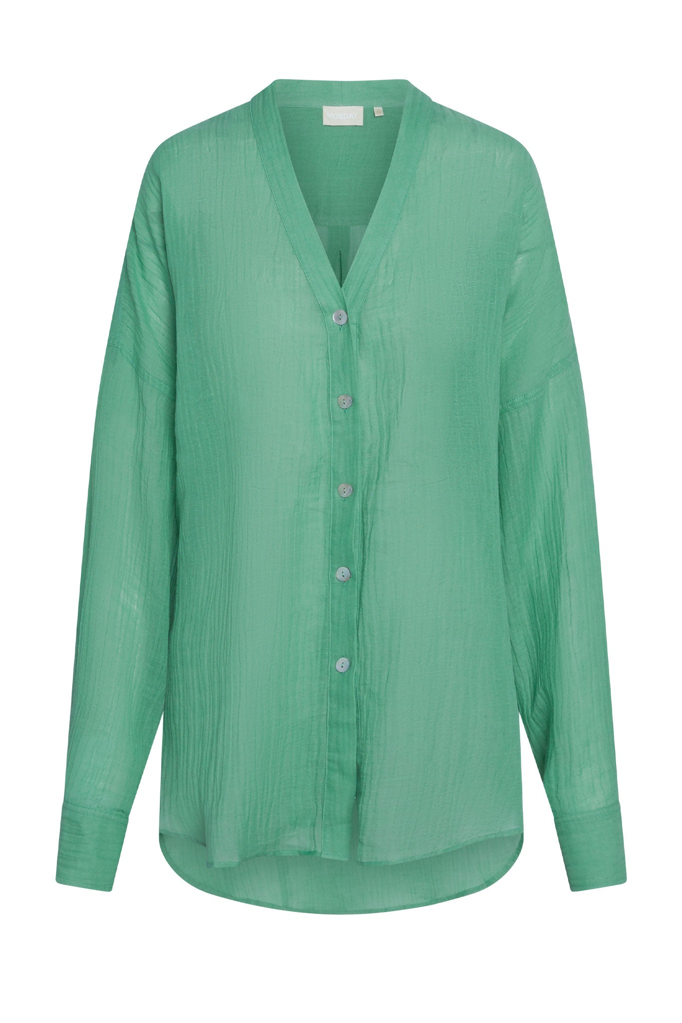 Sheer mint-green long-sleeve V-neck button-front blouse; inside label reads MONDAY