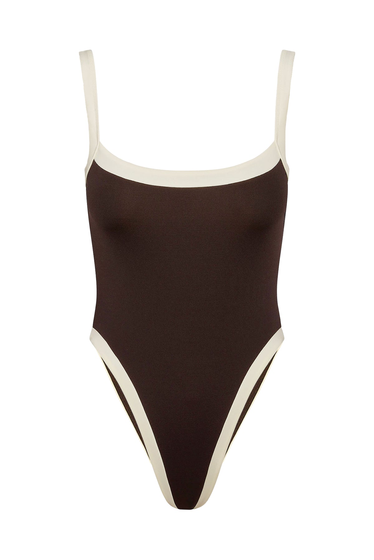 Front view of Barcelona One Piece in Espresso/Ivory showcasing adjustable straps, high-leg cheeky cut, and ivory trim on white background