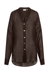 Front view of Barcelona Tunic in Espresso Crinkle Linen showing sheer oversized fit and seashell buttons on white background