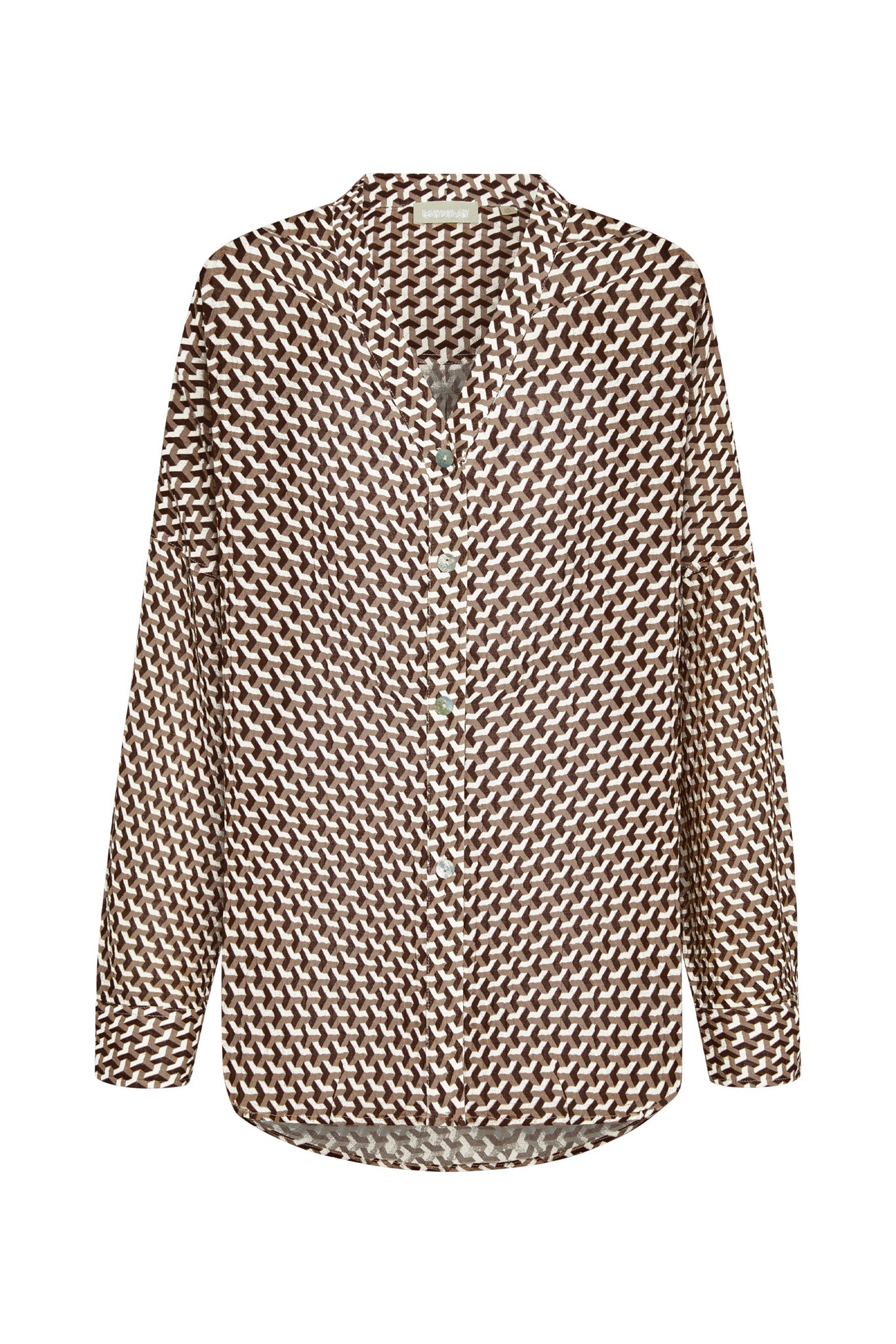Front view of Barcelona Tunic in Husk Geo crinkle linen, brown geometric print, button front oversized fit on white background