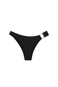 Front view of black Bari Bottom bikini bottom showcasing high cut leg and organic gold ring detail on white background