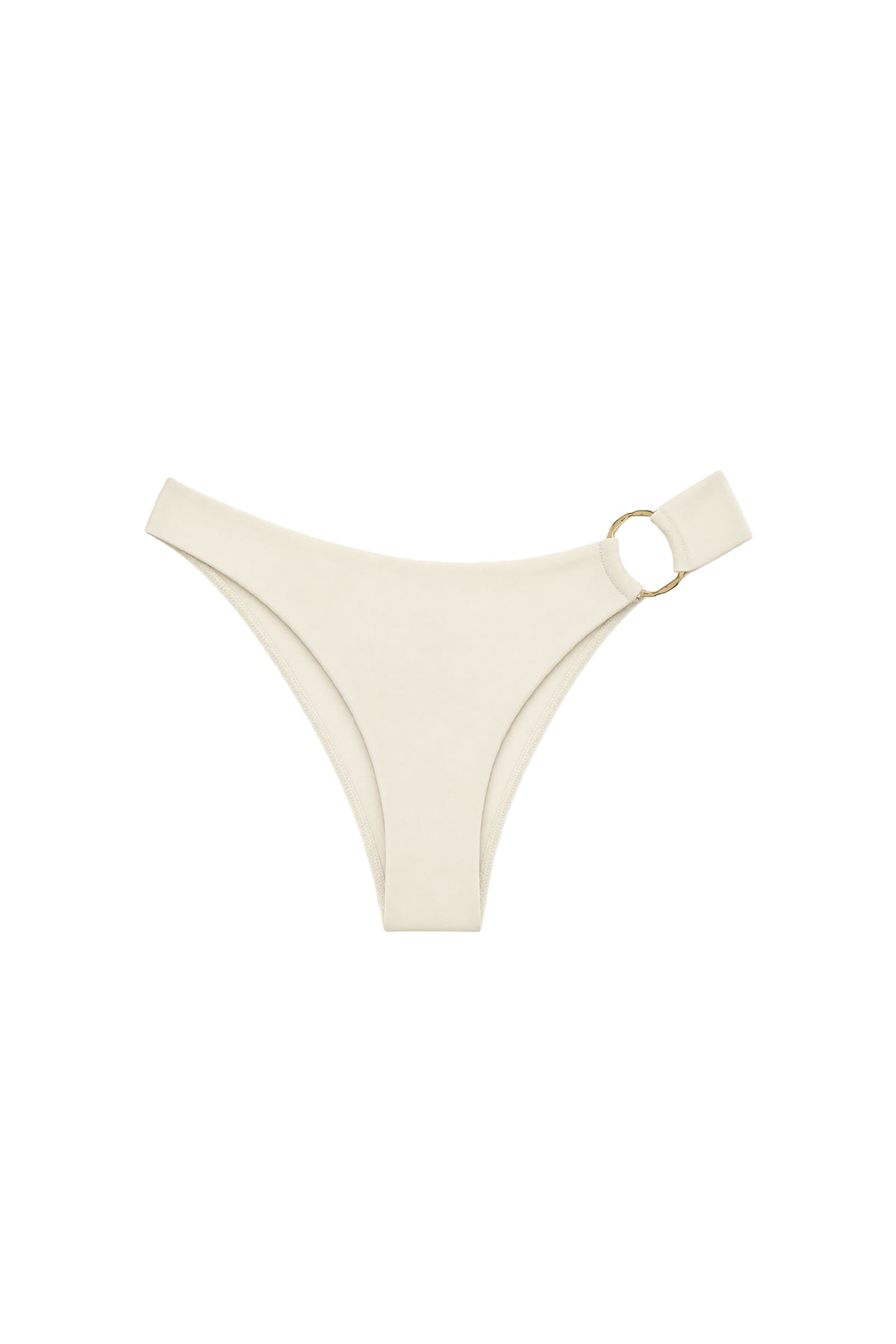 Front view of ivory Bari Bottom with high-cut leg, mid-rise fit, cheeky coverage, organic gold ring, white background