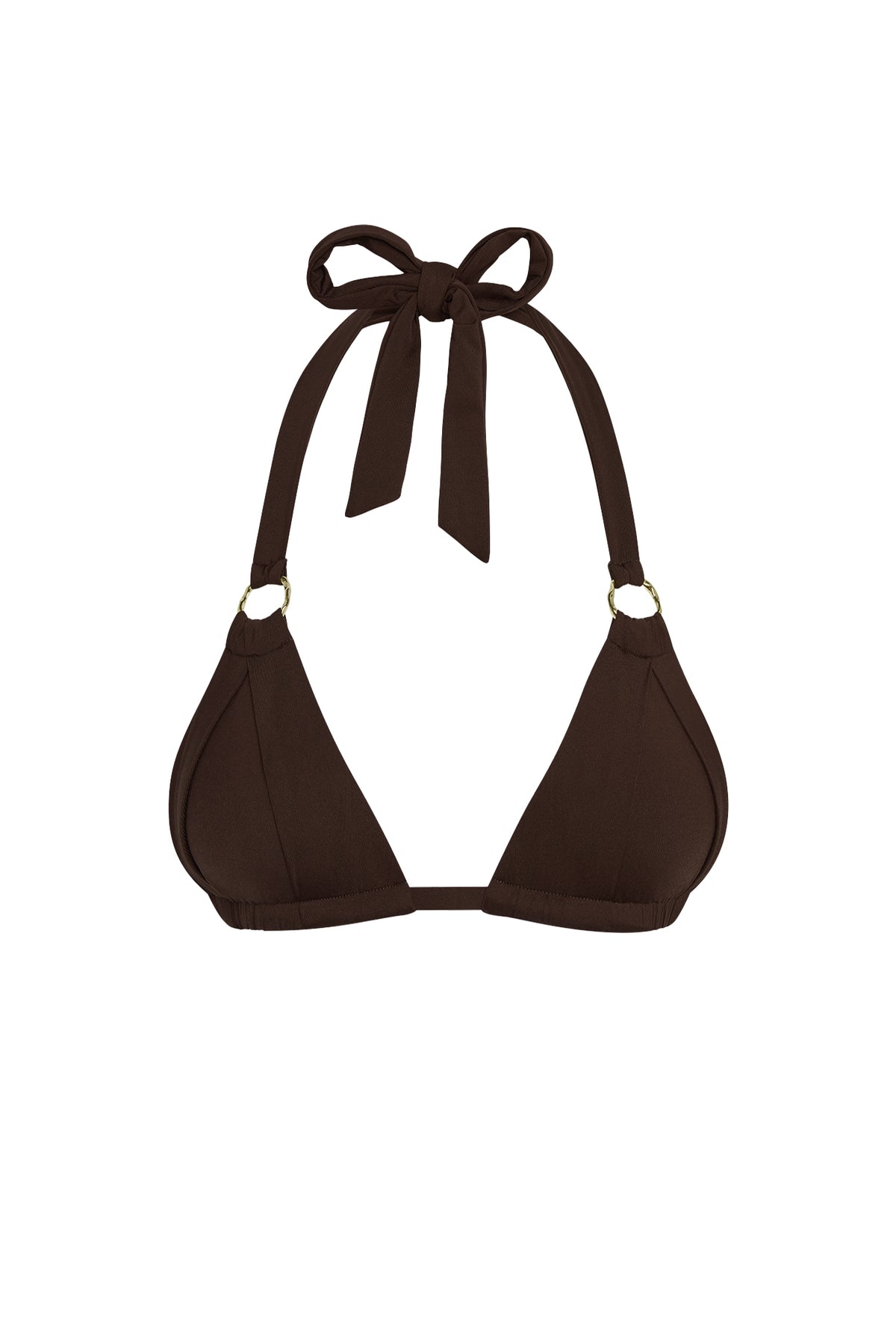 Front view of Bari Top in Espresso showcasing pleated triangle cups, adjustable neck ties, and gold ring details on white