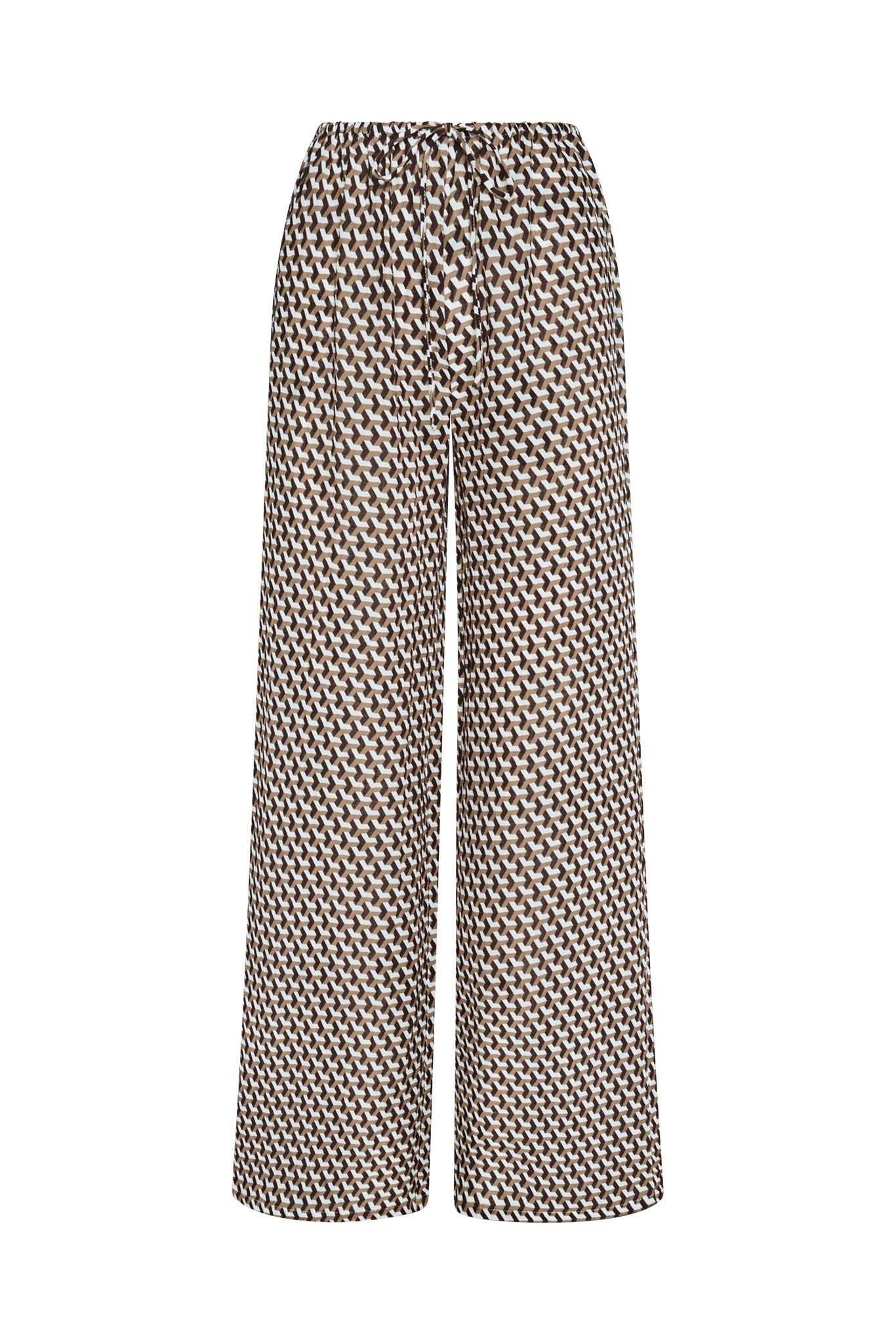 Brown and white geometric-print wide-leg drawstring pants