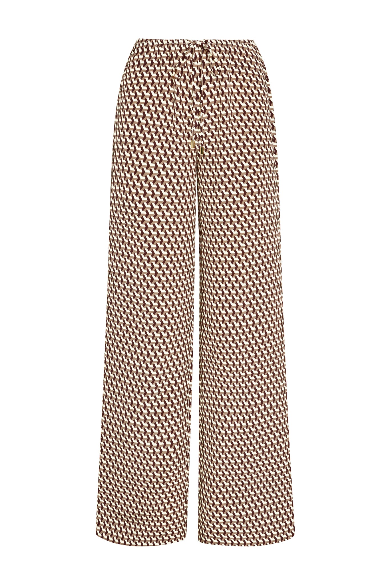 Front view of Belize Pant in Husk Geo Silk; brown-and-cream geo print, wide-leg, drawstring waist on white background