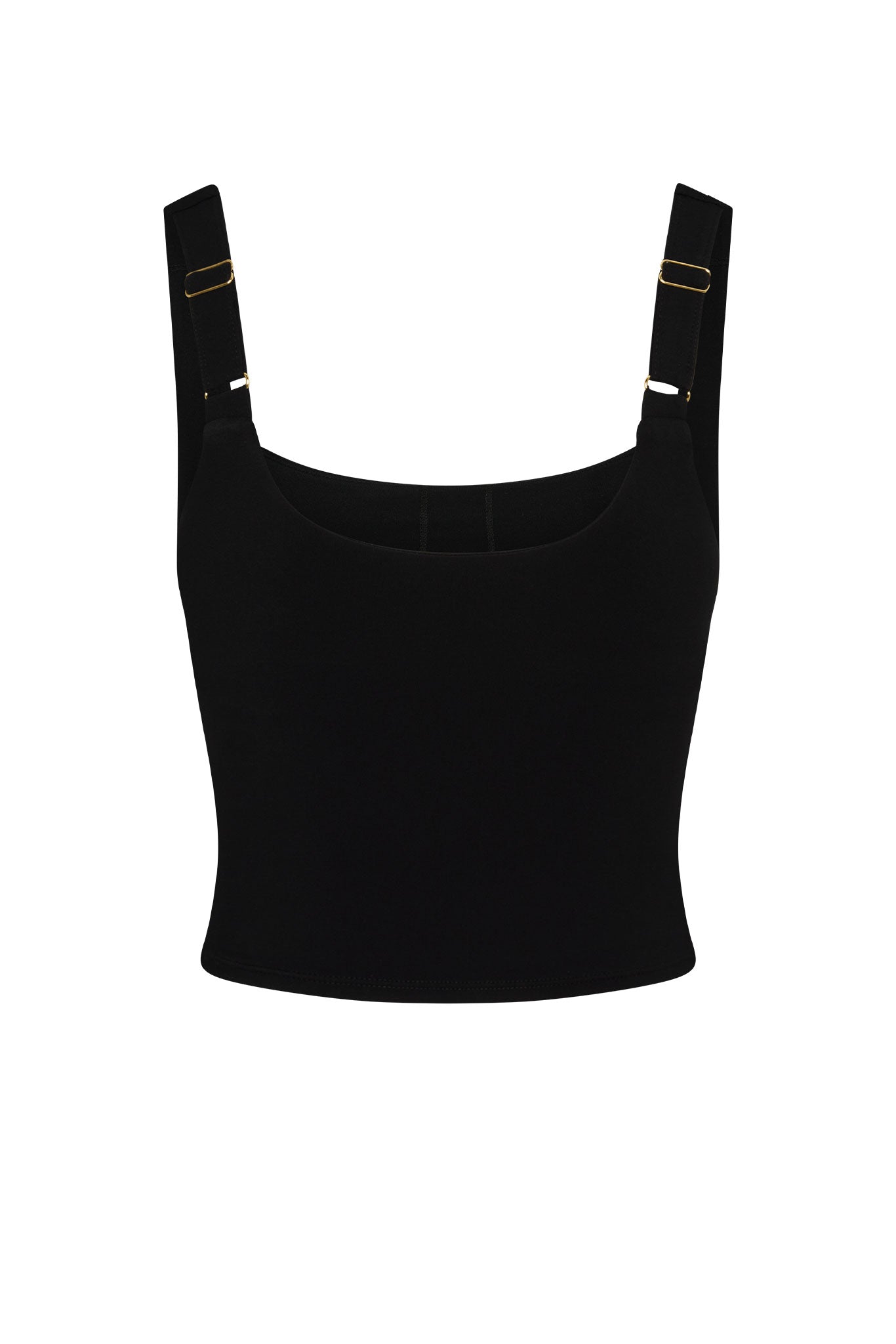 Black cropped tank top with wide adjustable straps and gold-tone slider hardware.