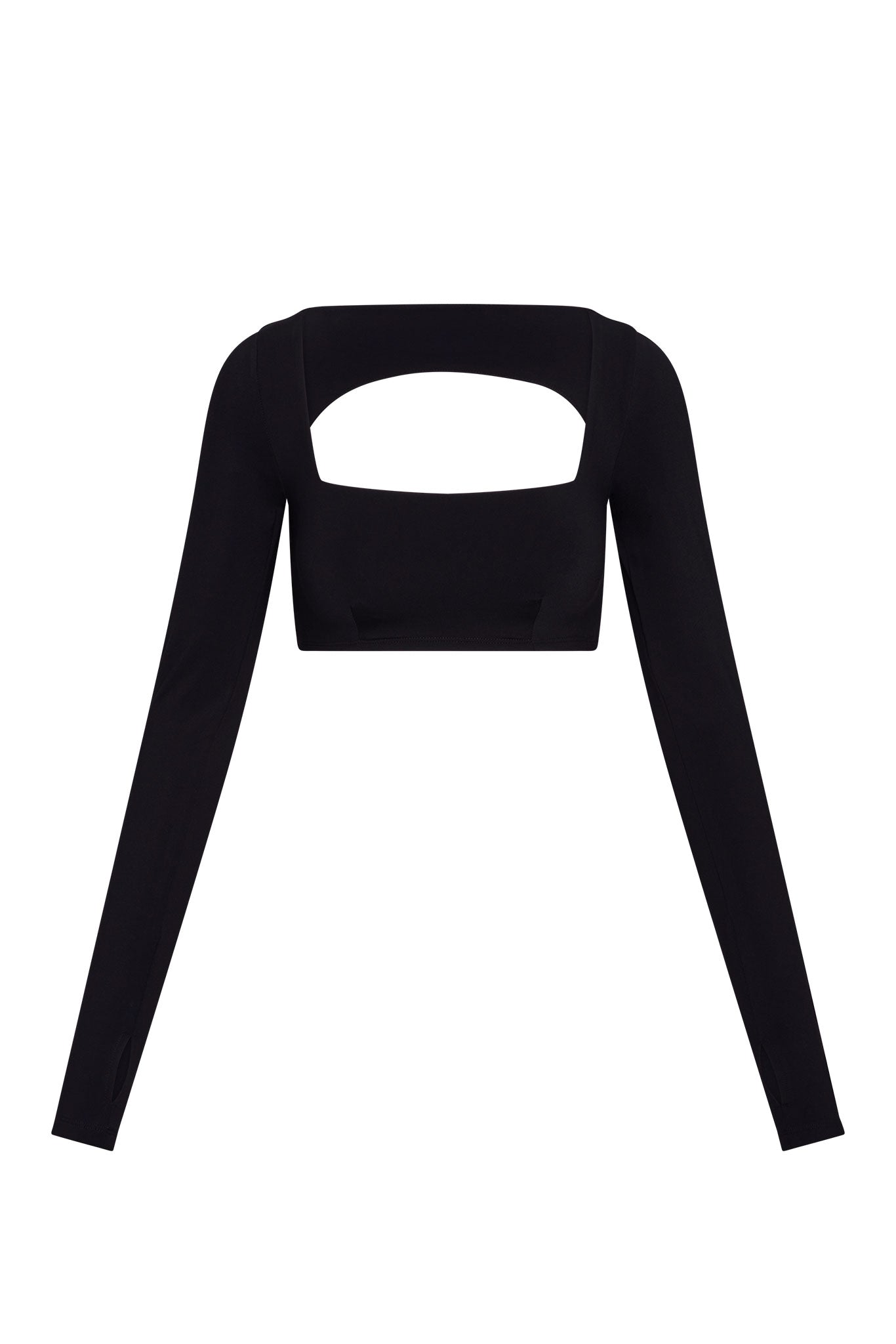 Black long-sleeve cropped top with wide square neckline and rectangular front cutout.