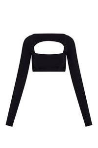 Black long-sleeve cropped top with wide square neckline and rectangular front cutout.