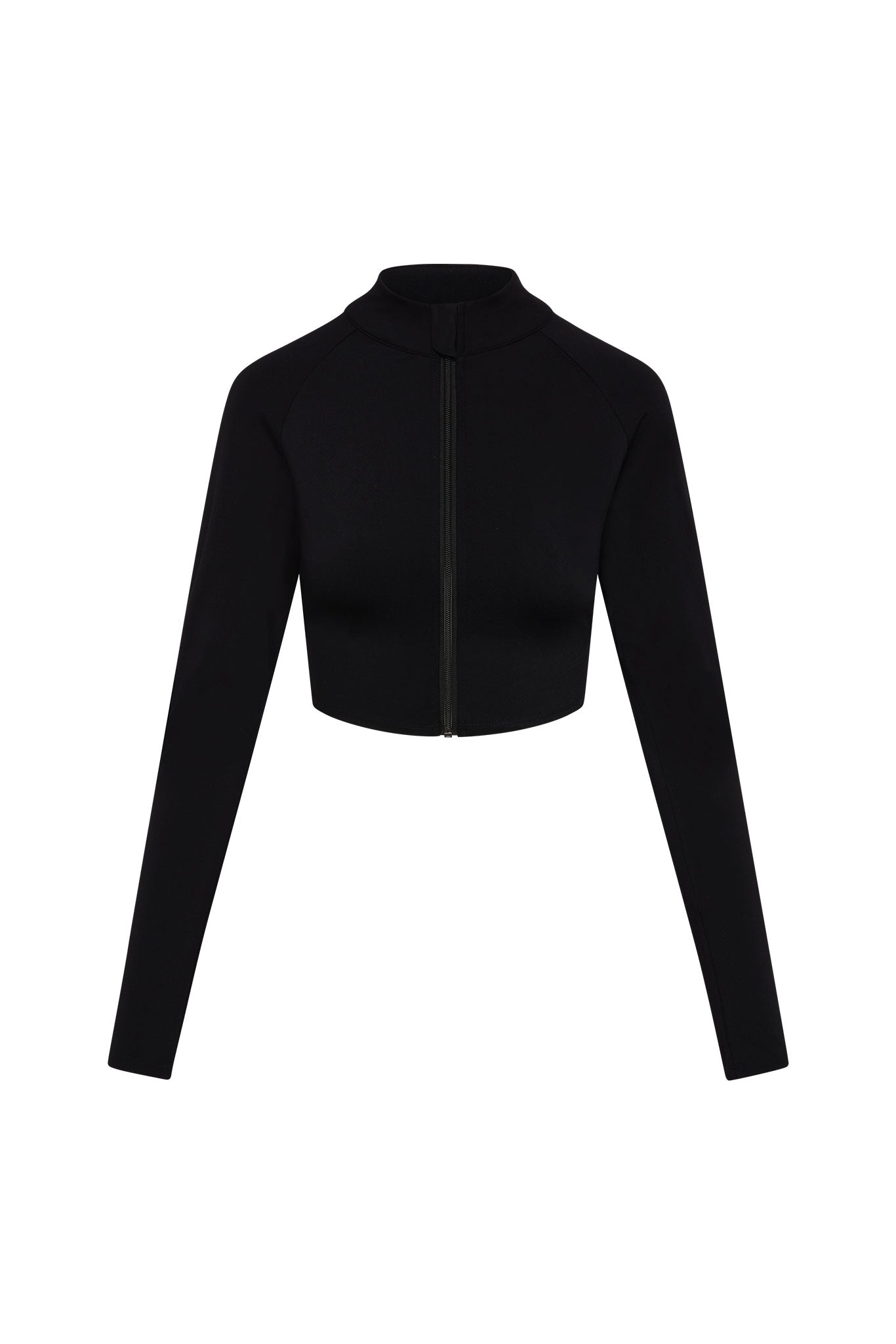 Black cropped long-sleeve zip jacket with front zipper and mock neck, shown on white background