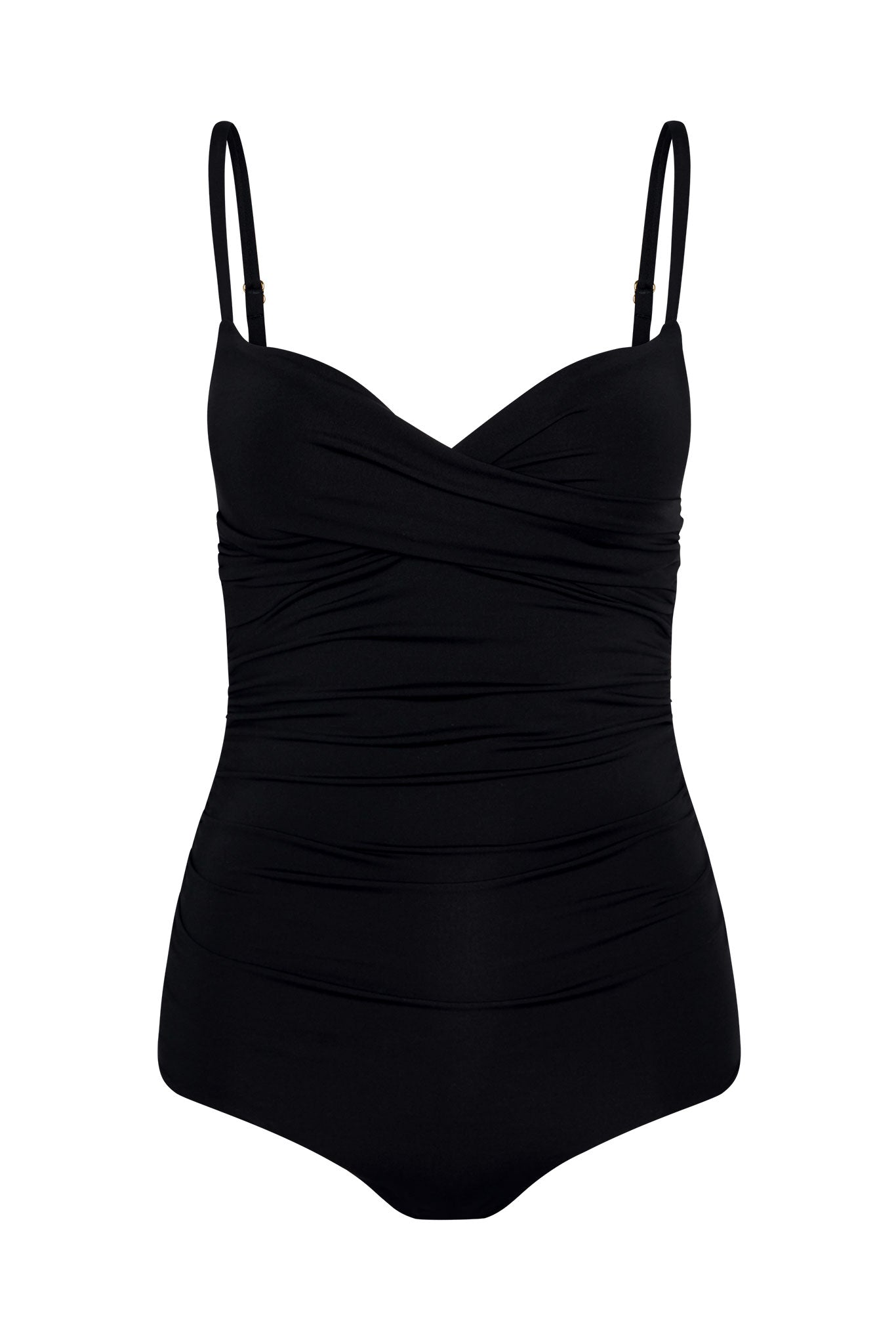 Black ruched one-piece swimsuit with adjustable thin shoulder straps