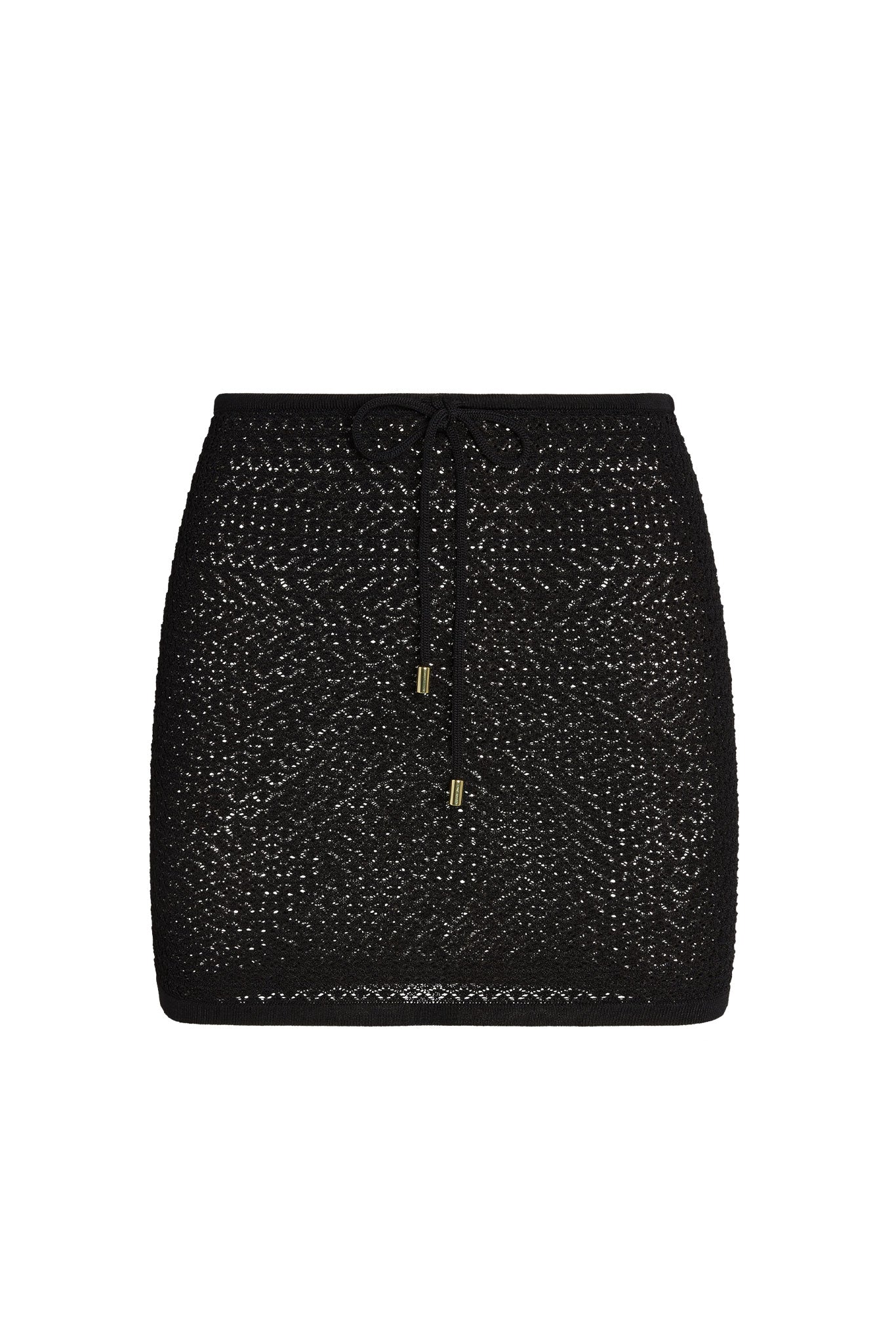 Black crochet-knit mini skirt with front drawstring and gold-tone aglets on white background.