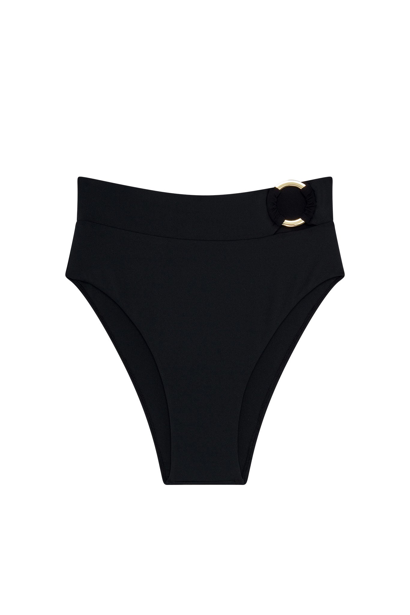 High-waist black bikini bottoms with gold circular buckle on left hip.