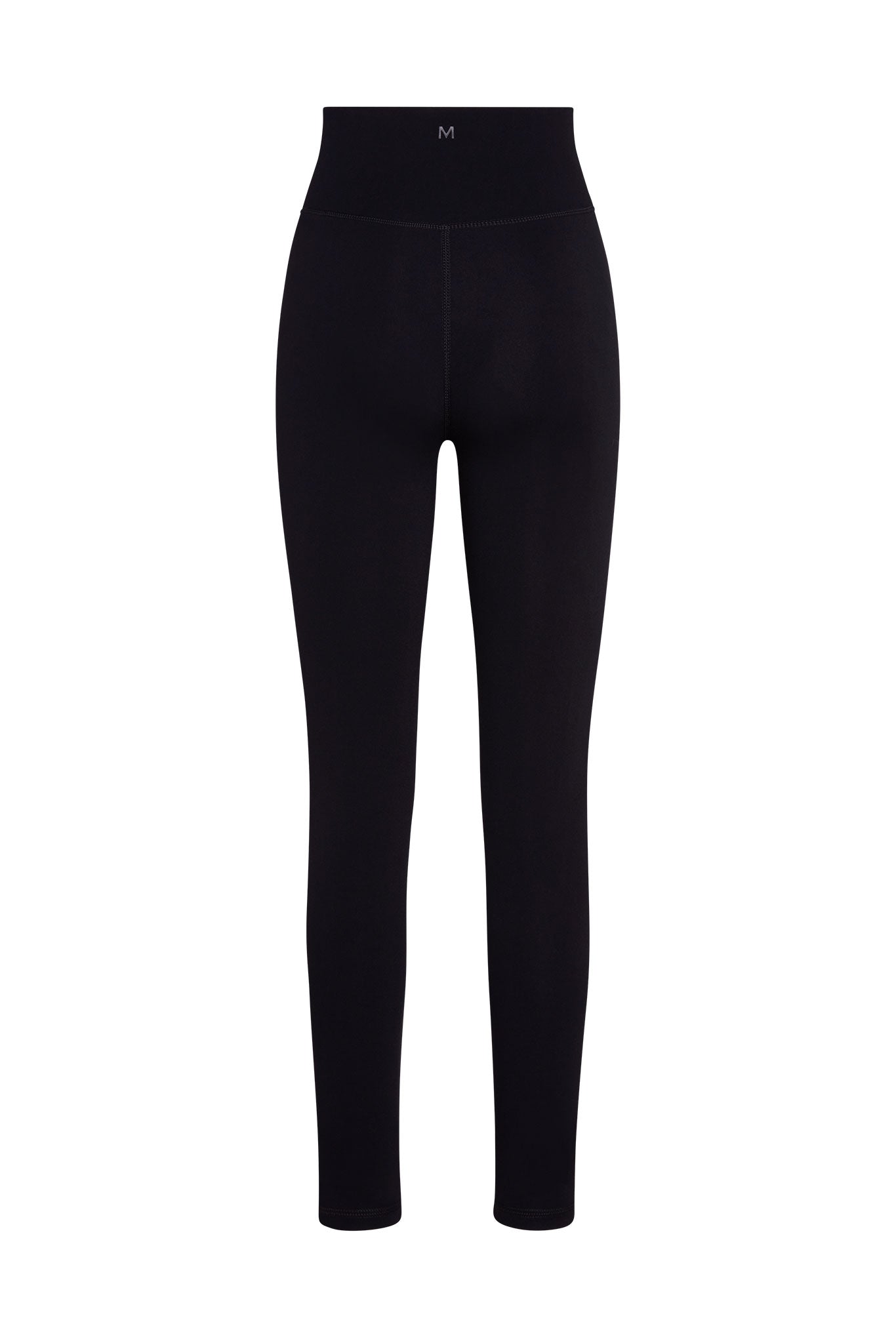 Black high-waist leggings with small M logo centered on waistband