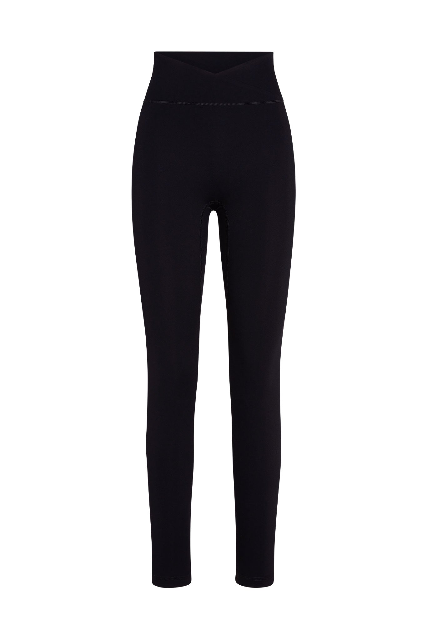 Black high-waist full-length leggings with V-shaped crossover waistband on white background