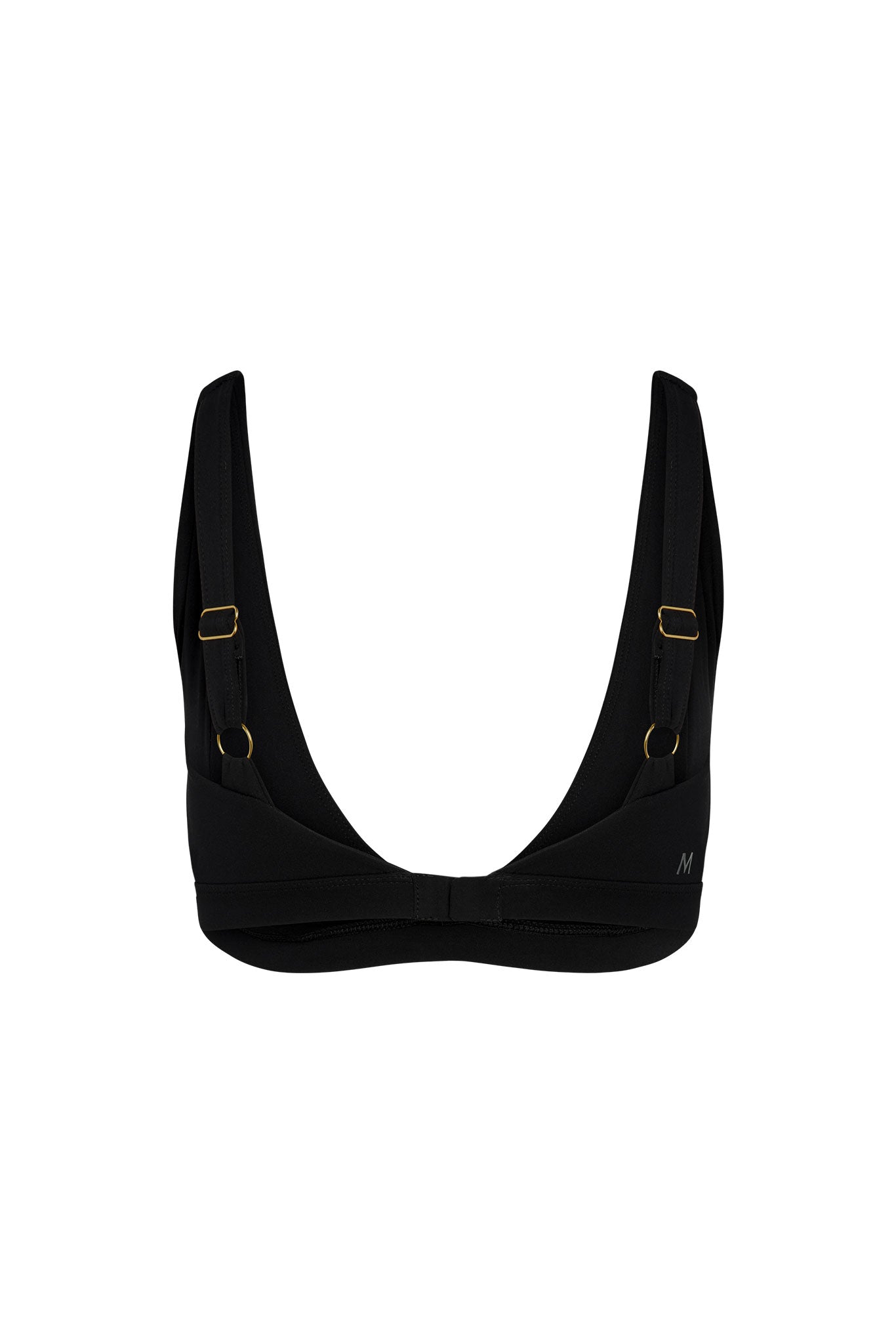 Black adjustable bikini top with deep U-shaped front, gold strap hardware and small M logo on lower right