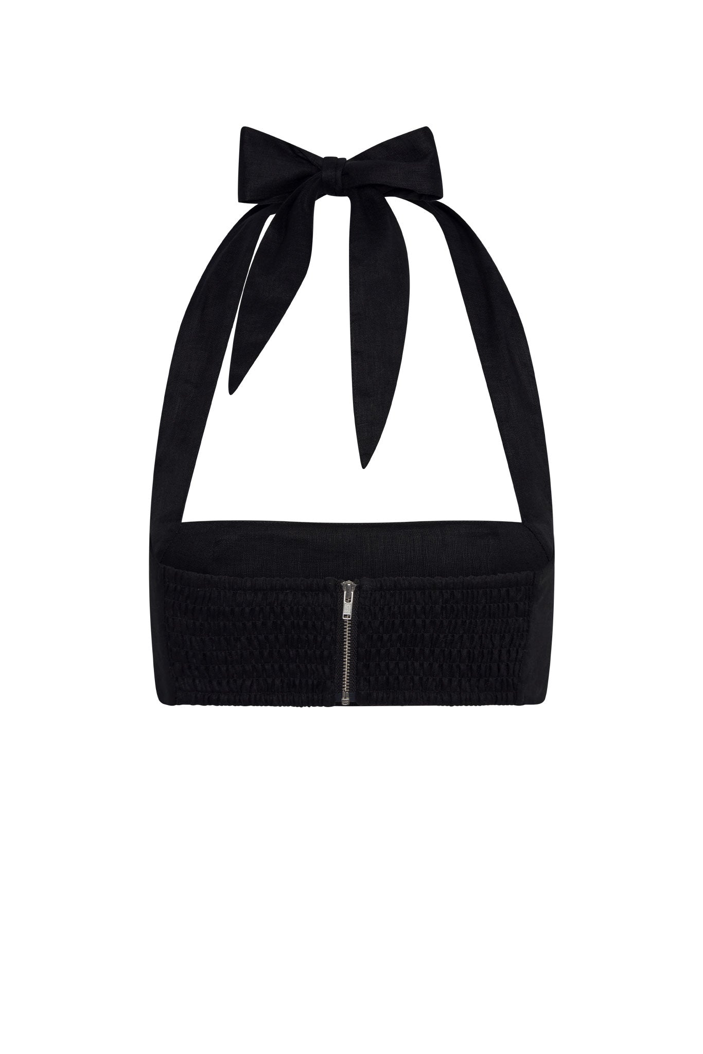 Black halter bandeau top with tie bow at neck, smocked front and short silver zipper center-front.