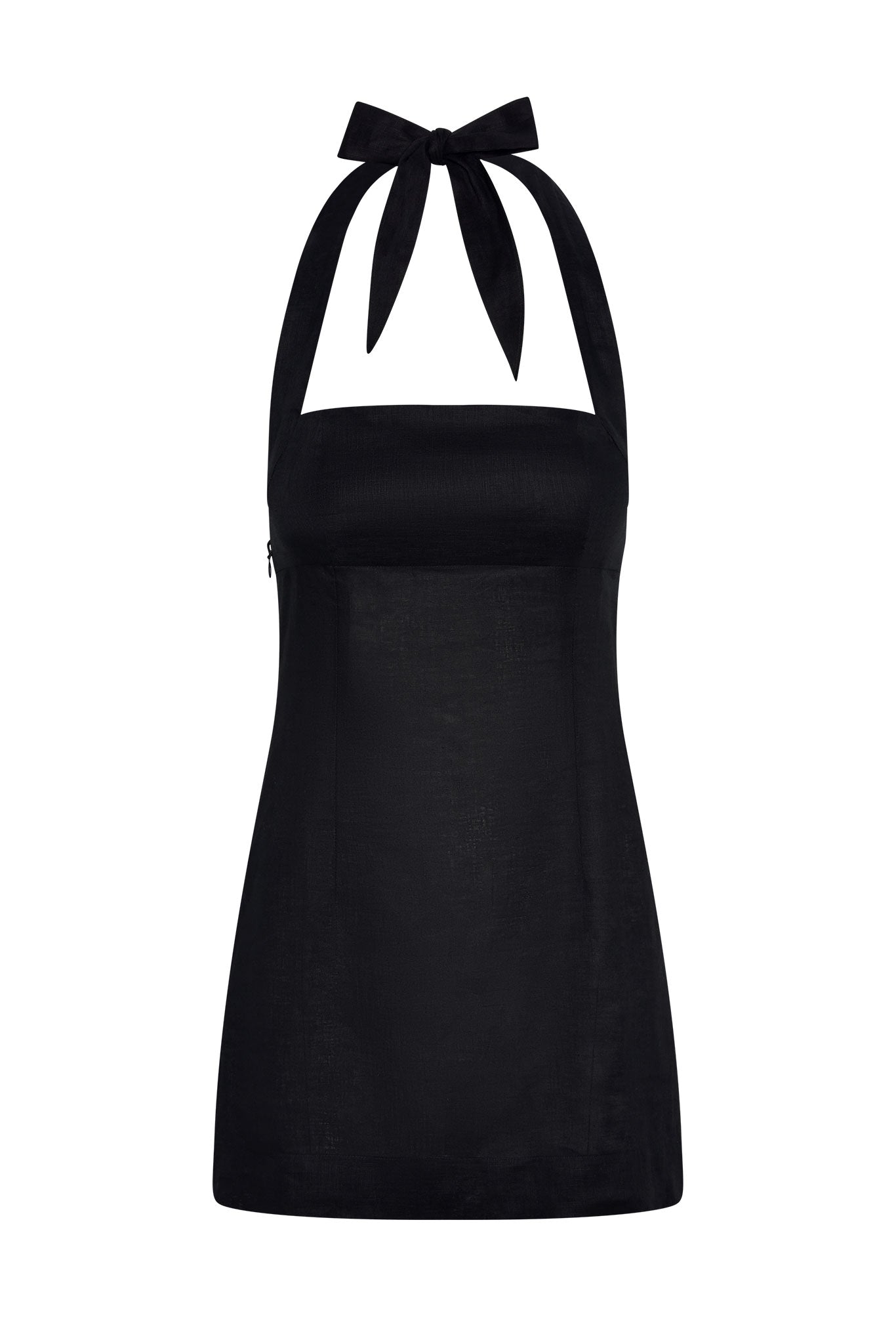 Black halter-neck mini dress with tied bow at the neckline and A-line skirt