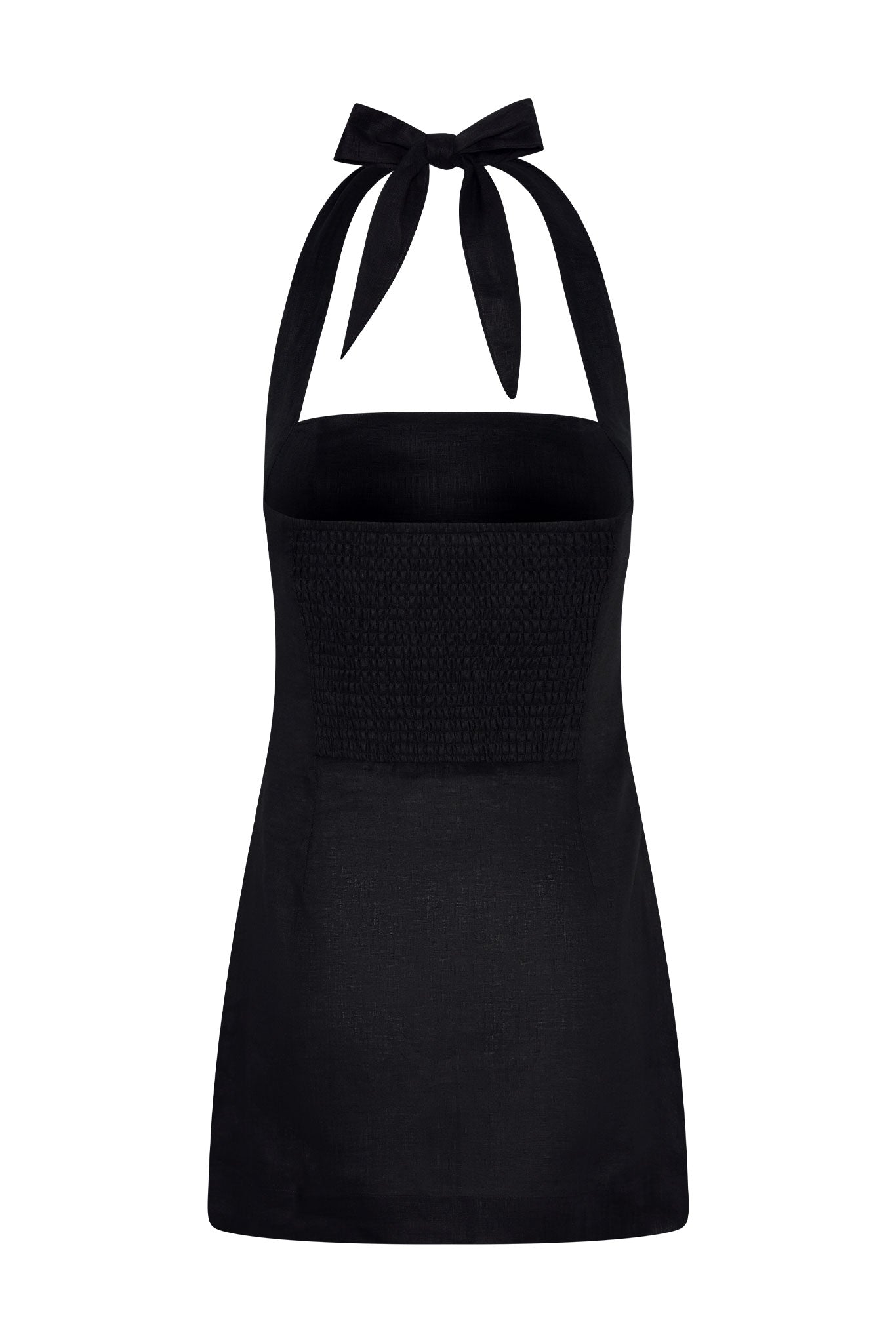 Black halter mini dress with smocked square bodice and tied bow at the neck.