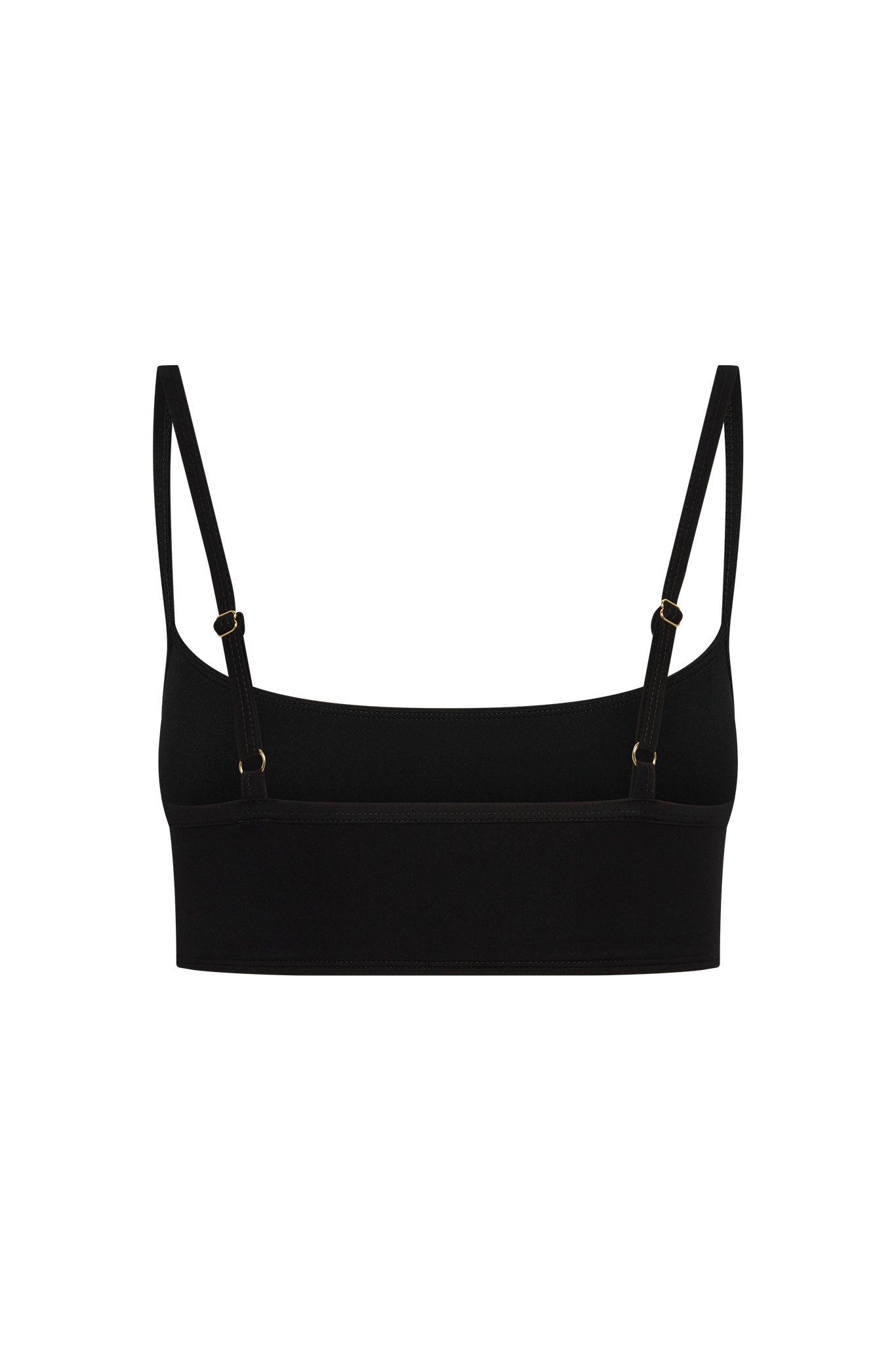 Black cropped bralette with thin adjustable straps and gold-tone adjusters, straight back band