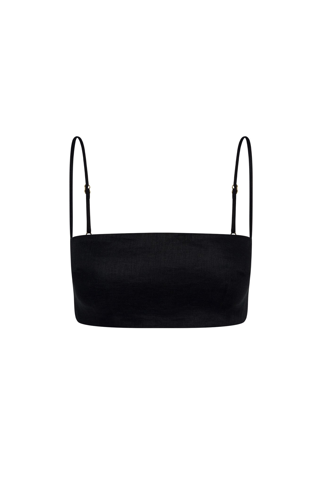 Black bandeau crop top with thin adjustable shoulder straps on white background