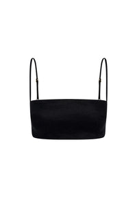Black bandeau crop top with thin adjustable shoulder straps on white background