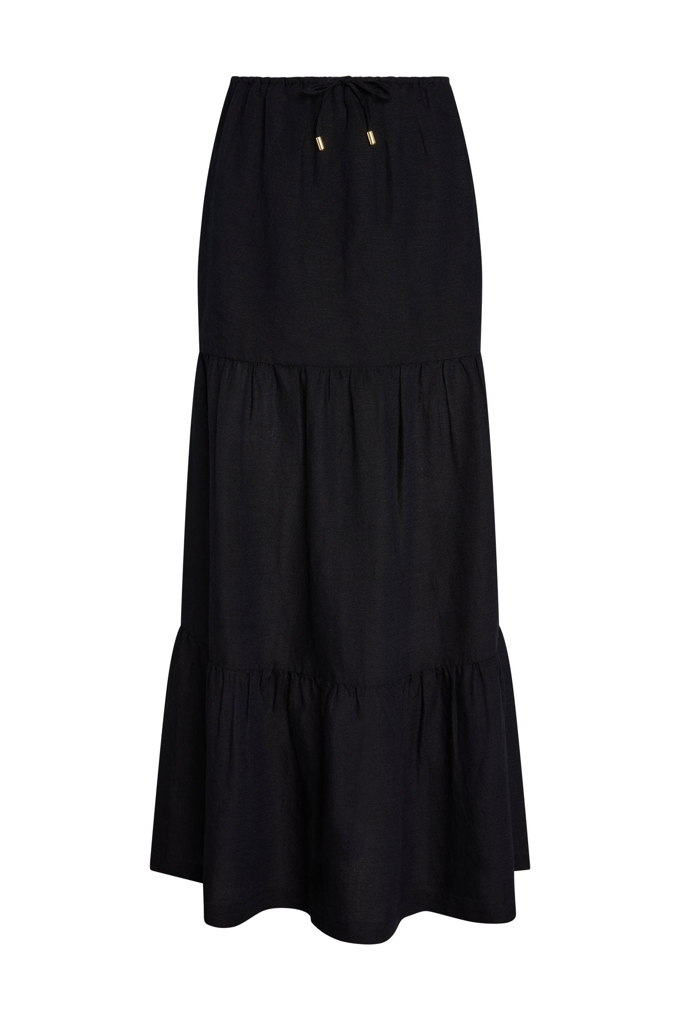 Tiered black maxi skirt with elastic drawstring waist and ruffle tiers on white background.
