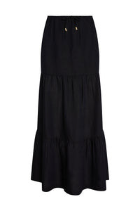 Tiered black maxi skirt with elastic drawstring waist and ruffle tiers on white background.