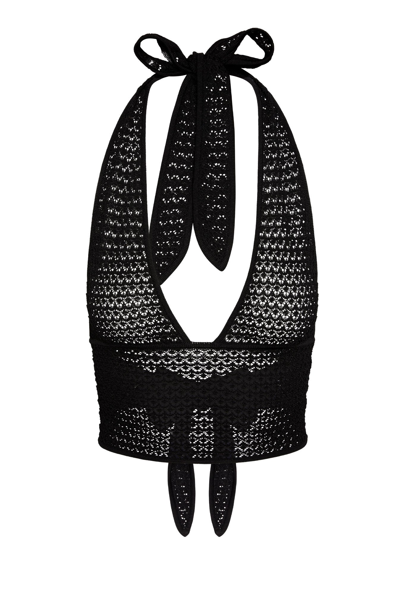 Black crocheted halter crop top with deep V front, wide banded waist, neck tie and back ties