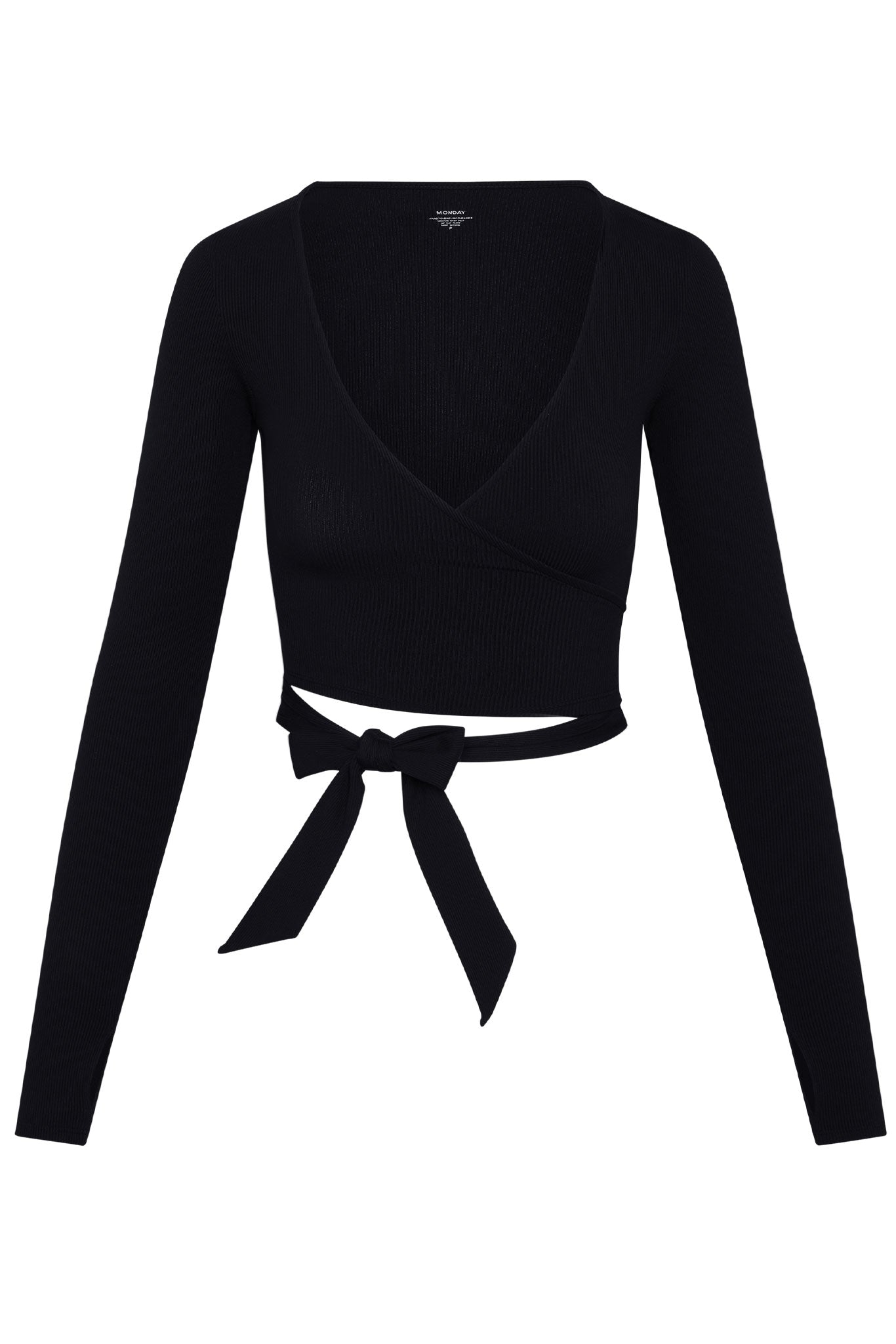 Black ribbed wrap crop sweater with long sleeves and tied waist bow, label reading MONDAY