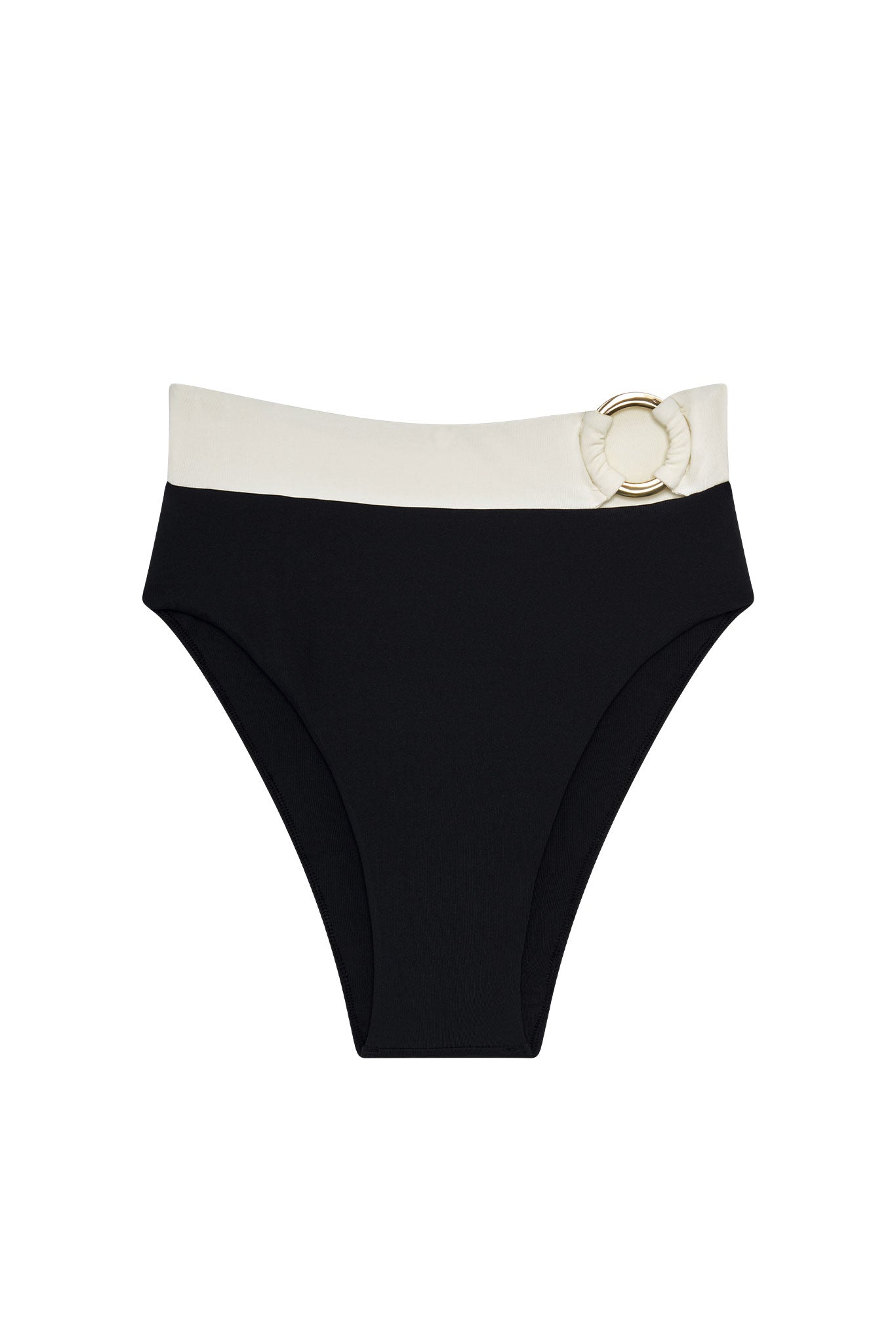 High-waist black bikini bottom with wide cream waist band and gold ring detail