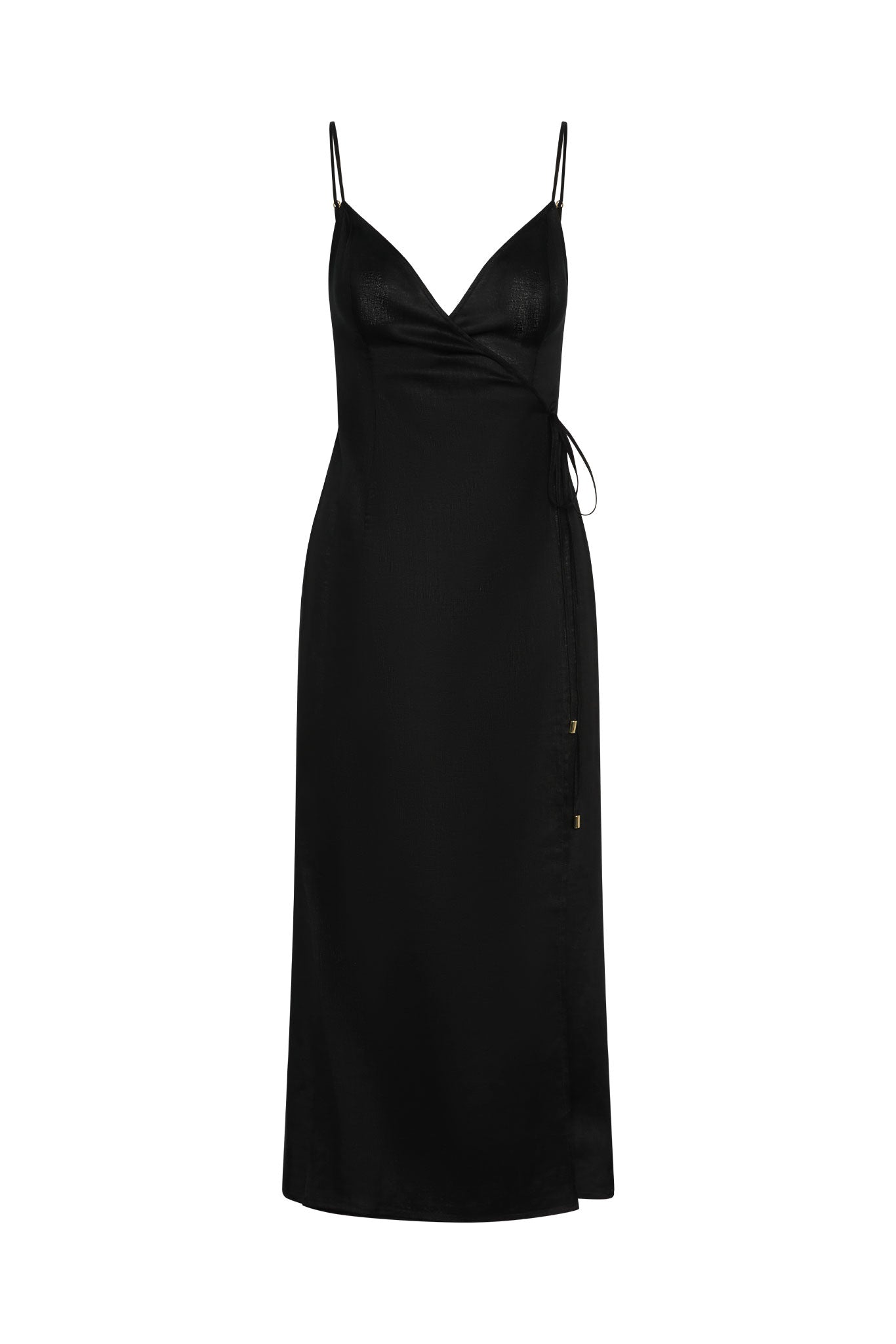 Black satin wrap maxi dress with V-neck, thin spaghetti straps and side tie