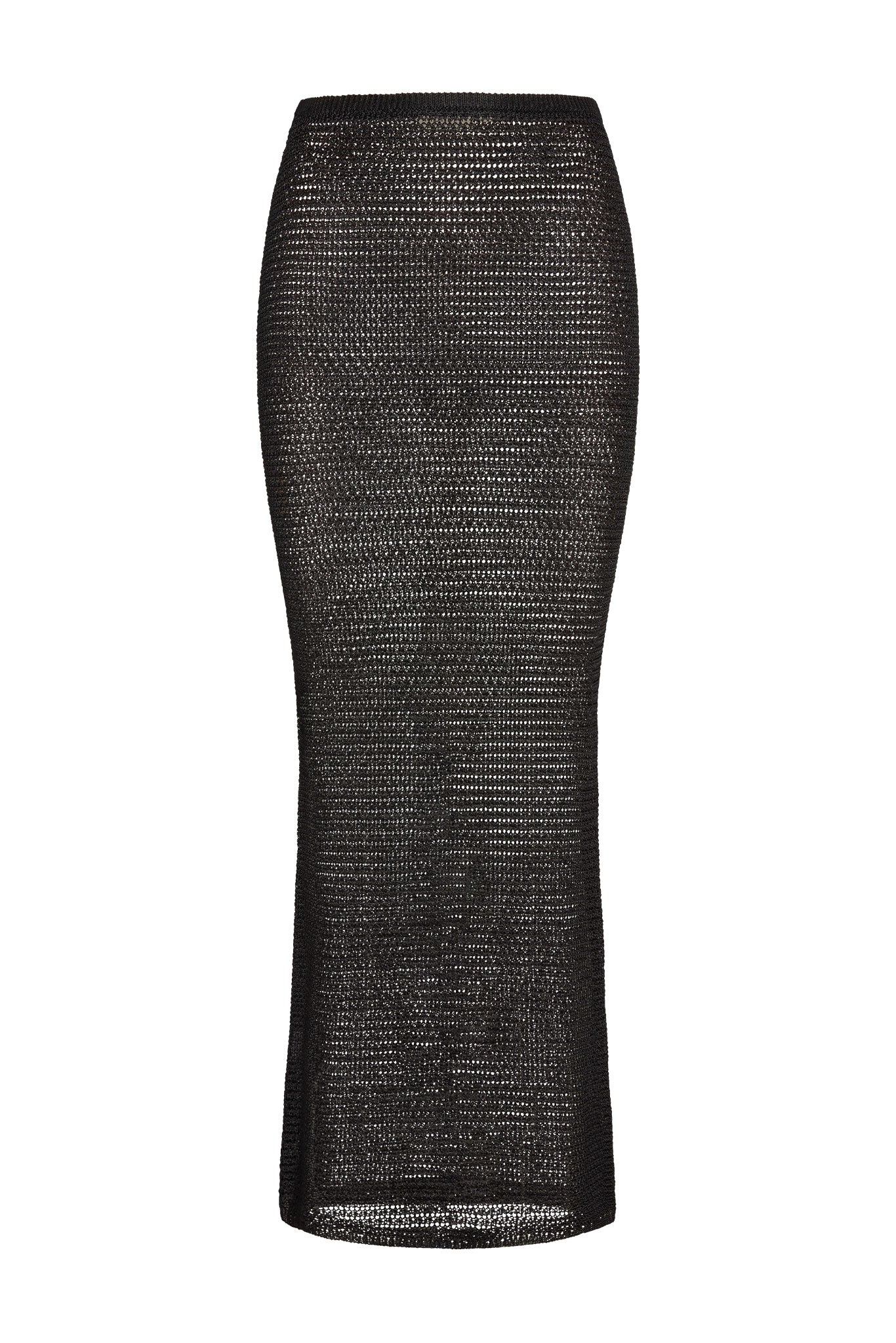 Black metallic open-knit maxi pencil skirt, fitted at hips with slight flare at hem; front view on white background