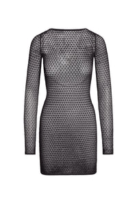 Back view of Bodrum Mini Dress in black lace crochet showing long sleeves, fitted waist, and open knit on white background