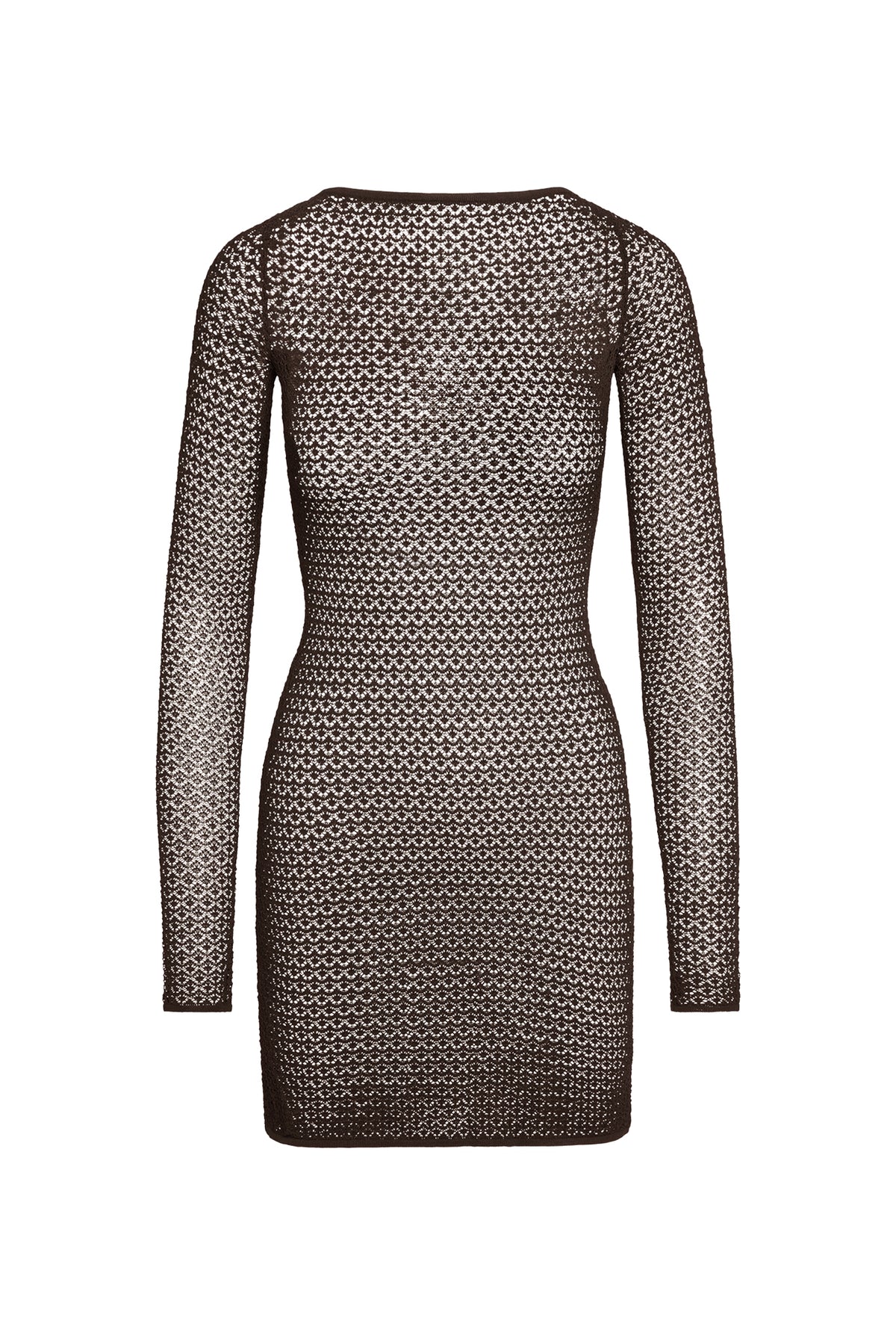 Front view of Bodrum Mini Dress in espresso lace crochet showcasing sheer knit, high neck, long sleeves and mini length