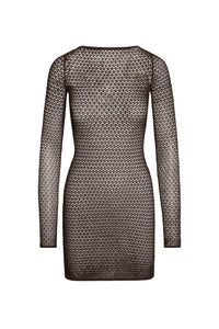 Front view of Bodrum Mini Dress in espresso lace crochet showcasing sheer knit, high neck, long sleeves and mini length