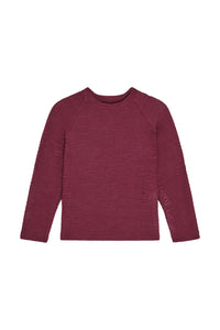 Front view of Bondi kids rashguard in fig crinkle showing textured fabric, long sleeves and crew neckline on white background