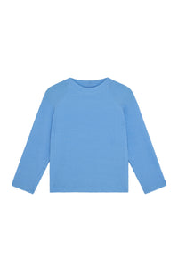 Front view of Bondi kids rashguard in Azure Crinkle showing long sleeves, crinkle texture, and crew neckline on white background