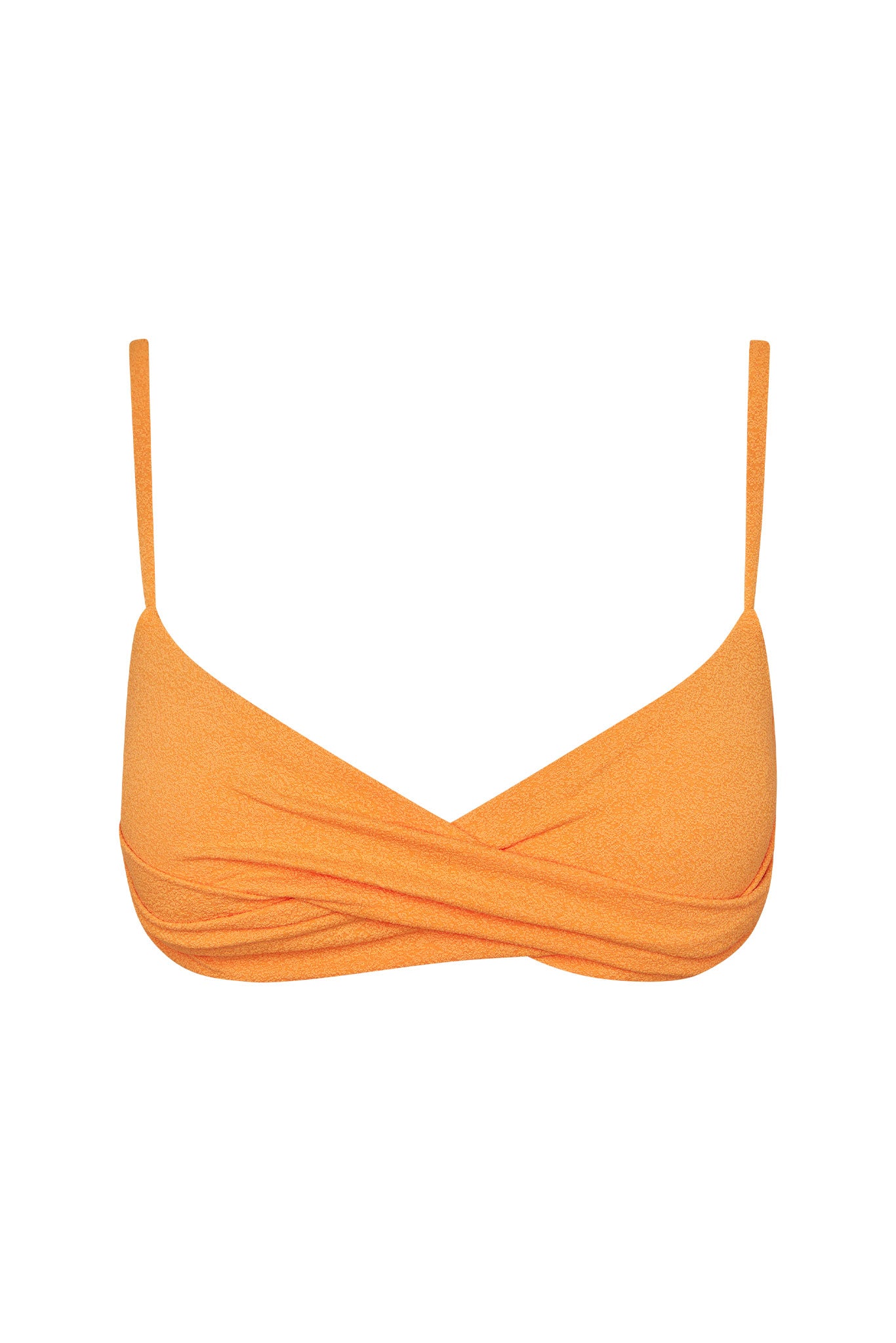 Orange textured bikini top with thin shoulder straps and front twist detail