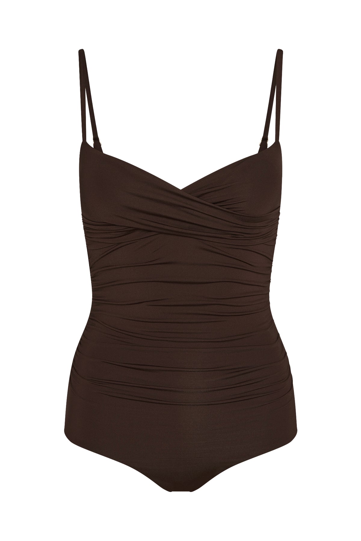 Front view of Bordeaux one-piece swimsuit in Espresso with crossover neckline and ruched full-coverage body on white background