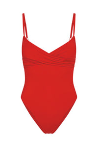 Front view of Bordeaux One Piece in Chili Pepper showing crossover neckline, adjustable thin shoulder straps, and high-cut leg on white background