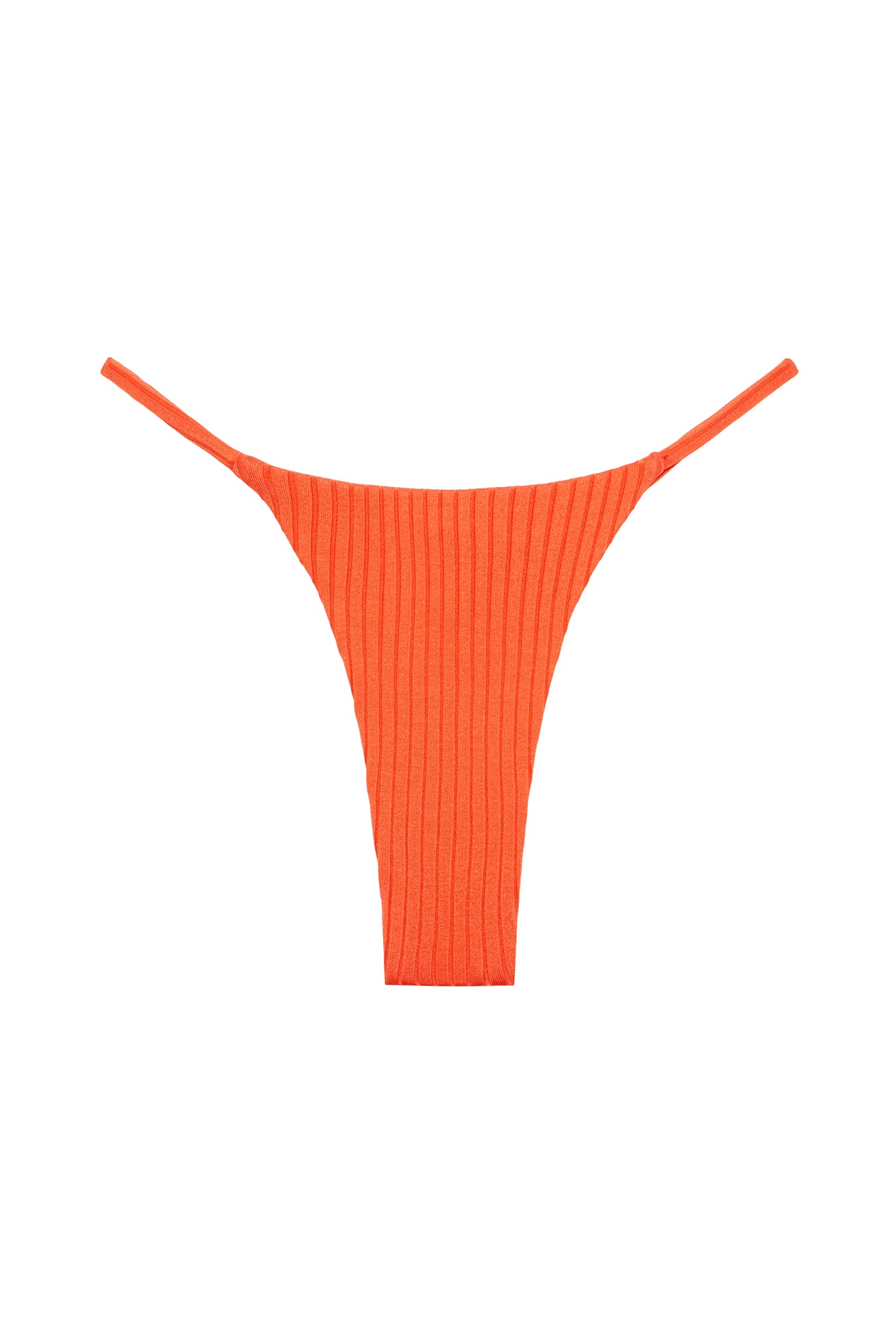 Orange ribbed high‑cut thong bikini bottom on white background