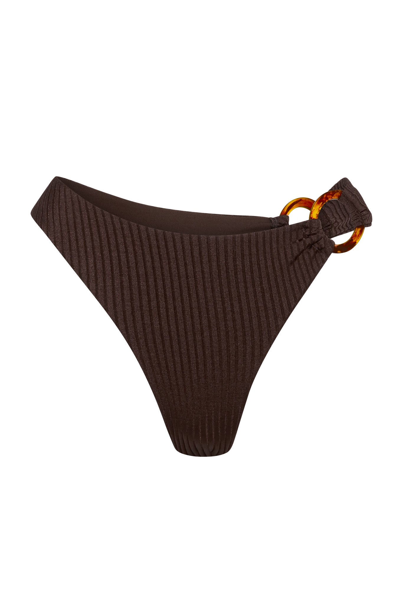 Brown ribbed bikini bottom, high-leg cut, with tortoiseshell ring detail on right hip