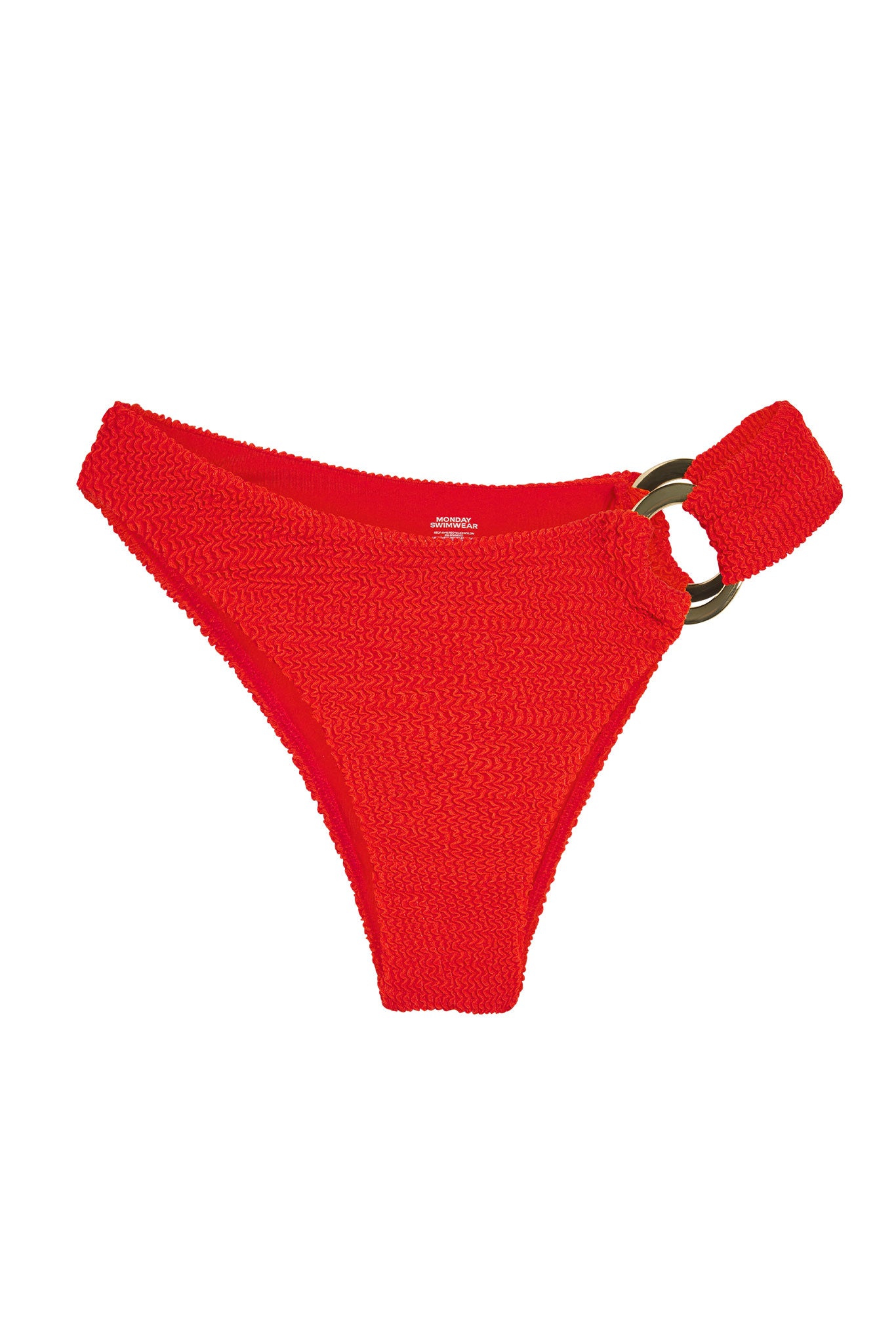 Red textured bikini bottom with ruched side strap, gold double ring detail; label MONDAY SWIMWEAR.