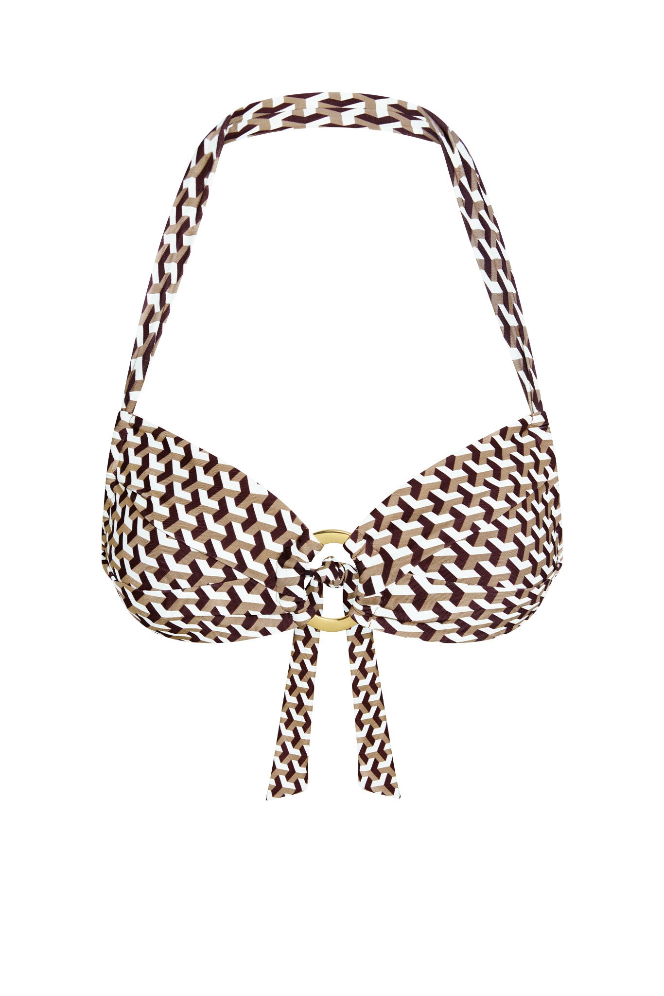 Brown and white geometric-print halter bikini top with gold O-ring and front tie.