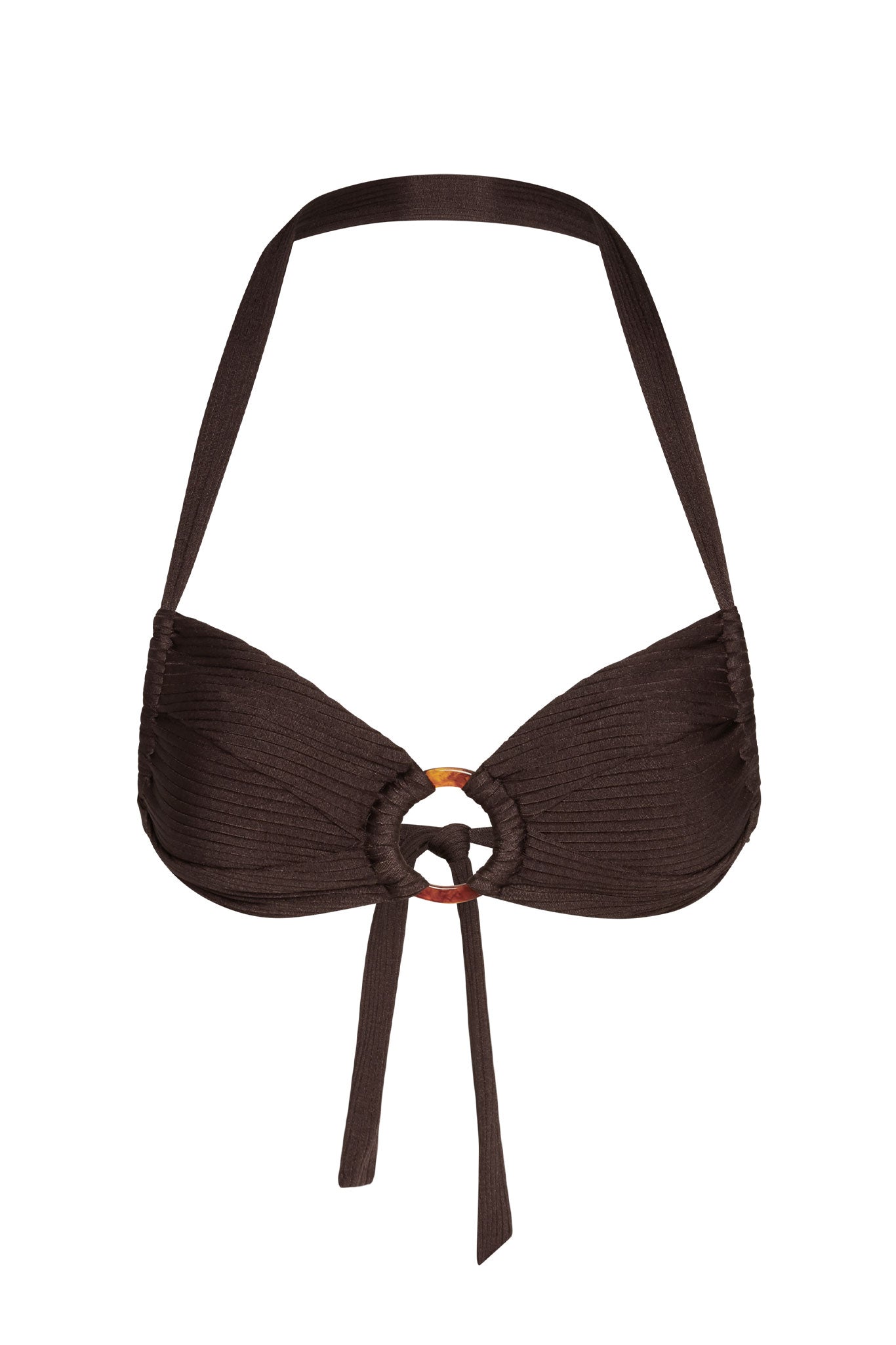 Dark brown ribbed halter bikini top with center tortoiseshell ring and front tie
