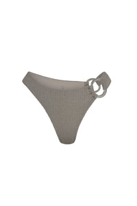 Front view of Bronte Bottom in Steel Lurex Rib showcasing ribbed lurex fabric, high-cut leg and gold ring detail on white
